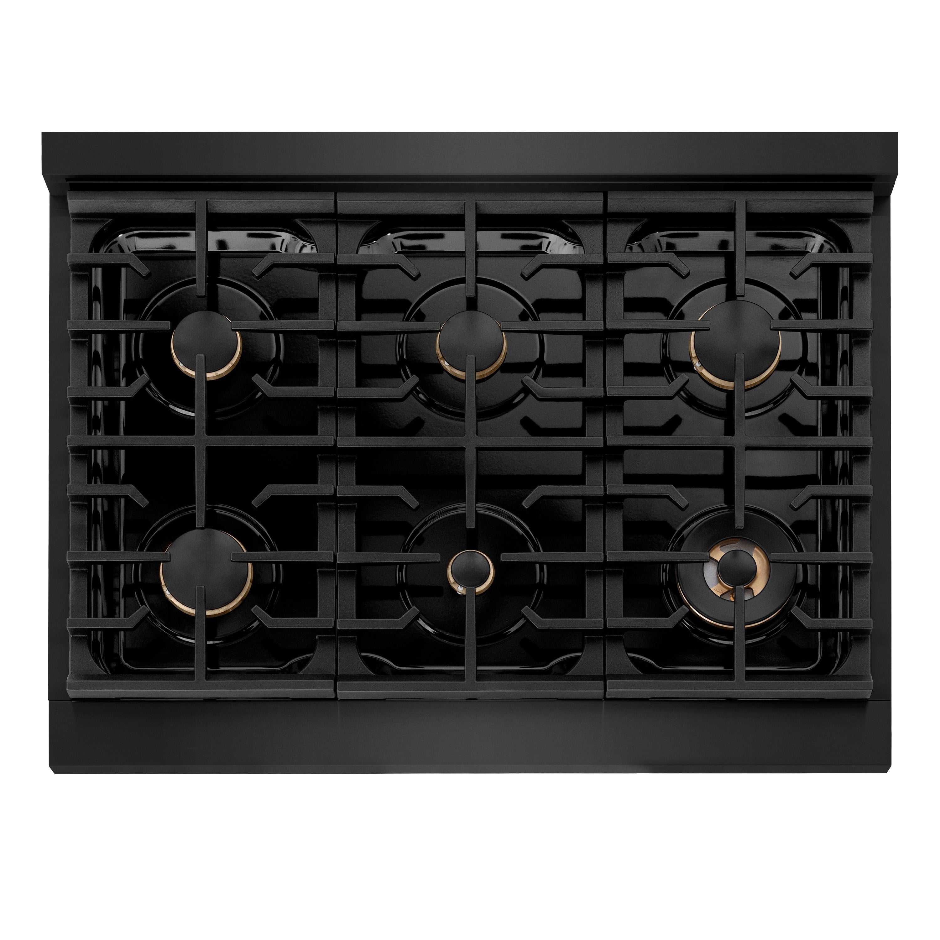ZLINE 36 in Dual Fuel Range 5.2 cu. ft. 6 Burner Gas Cooktop Electric Convection Oven Black Stainless Steel Champagne Bronze Helix Handles (SDRBZ-36-KCB)