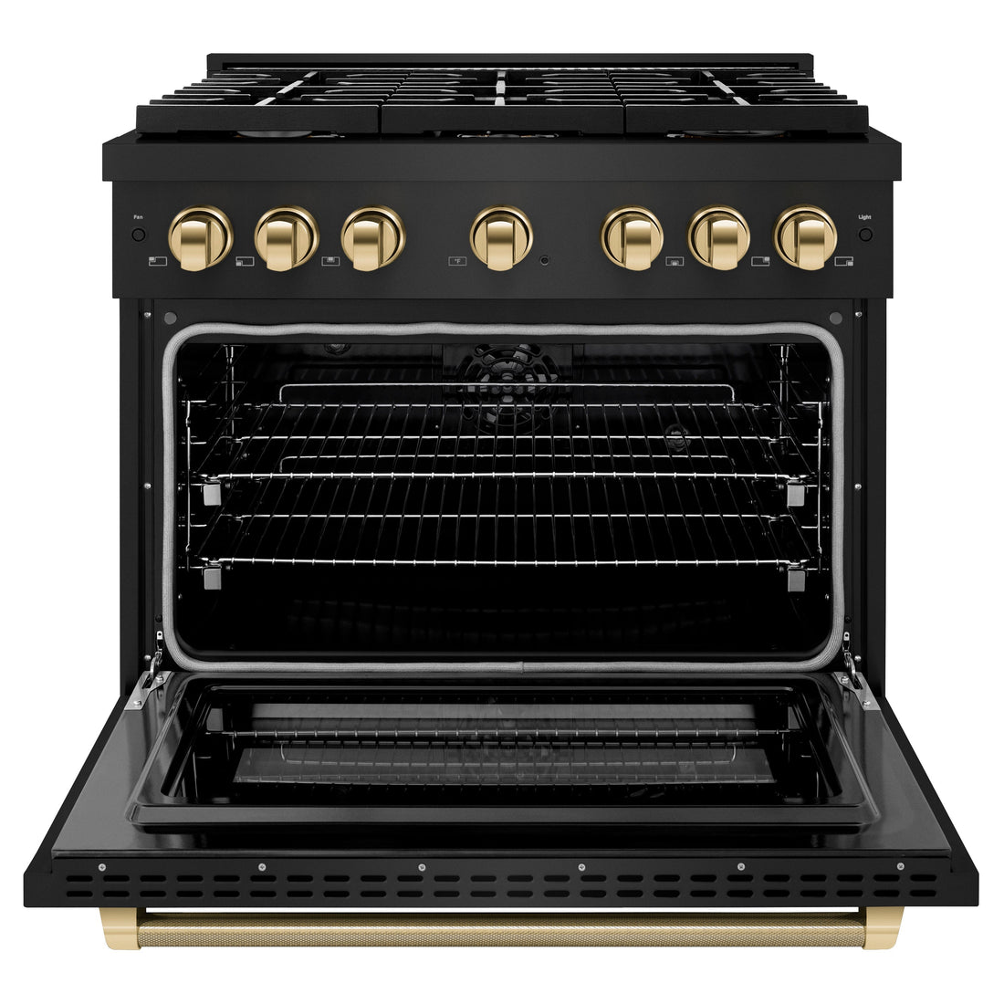 ZLINE 36 in. Dual Fuel Range 5.2 cu. ft. 6 Burners Gas Cooktop Electric Convection Oven Black Stainless Steel Polished Gold Accents (SDRBZ-36-KG)