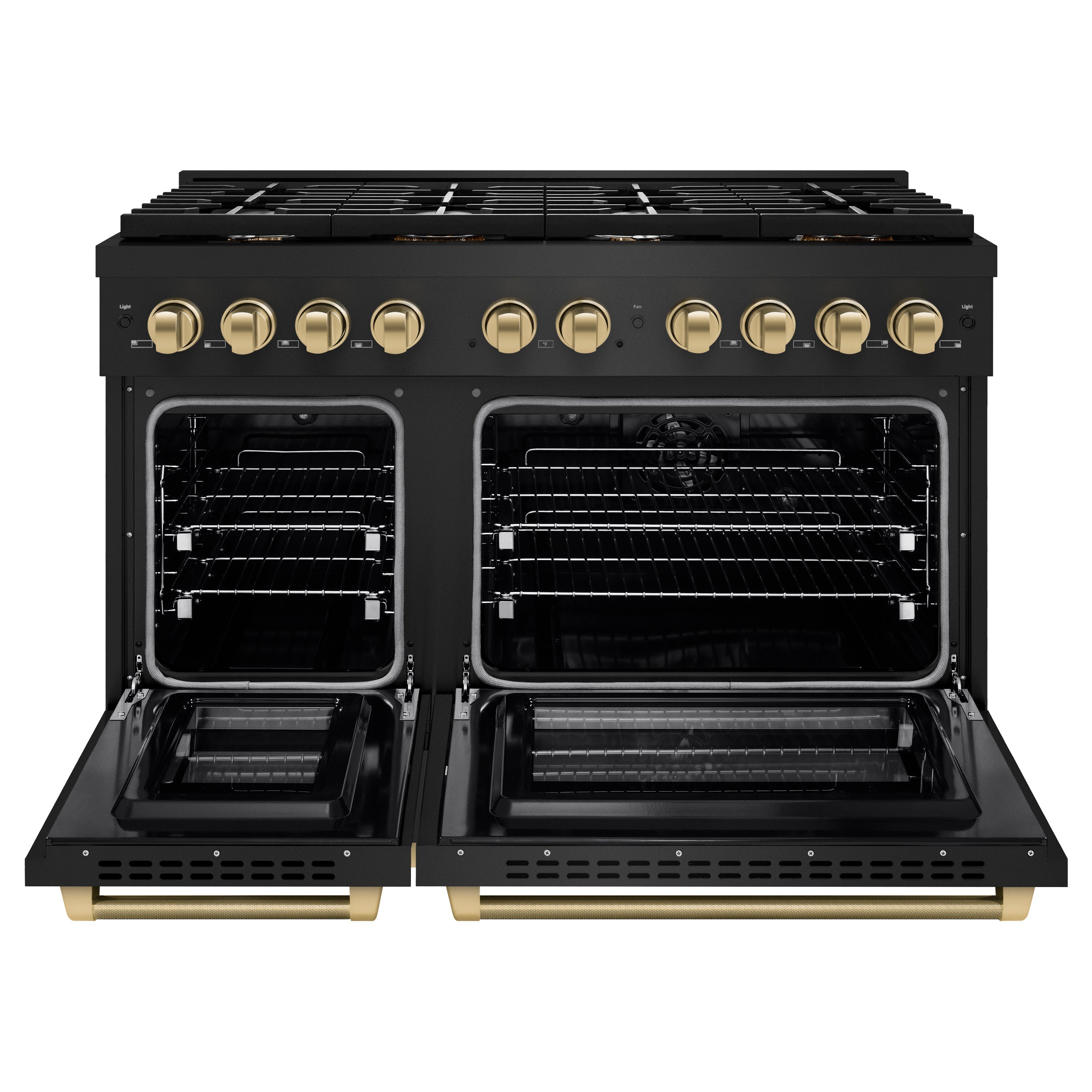 ZLINE 48 in. Dual Fuel Range 6.7 cu. ft. Double Oven, 8 Burner Gas Cooktop, Black Stainless Steel, Champagne Bronze Helix Handles & Knobs (SDRBZ-48-KCB)