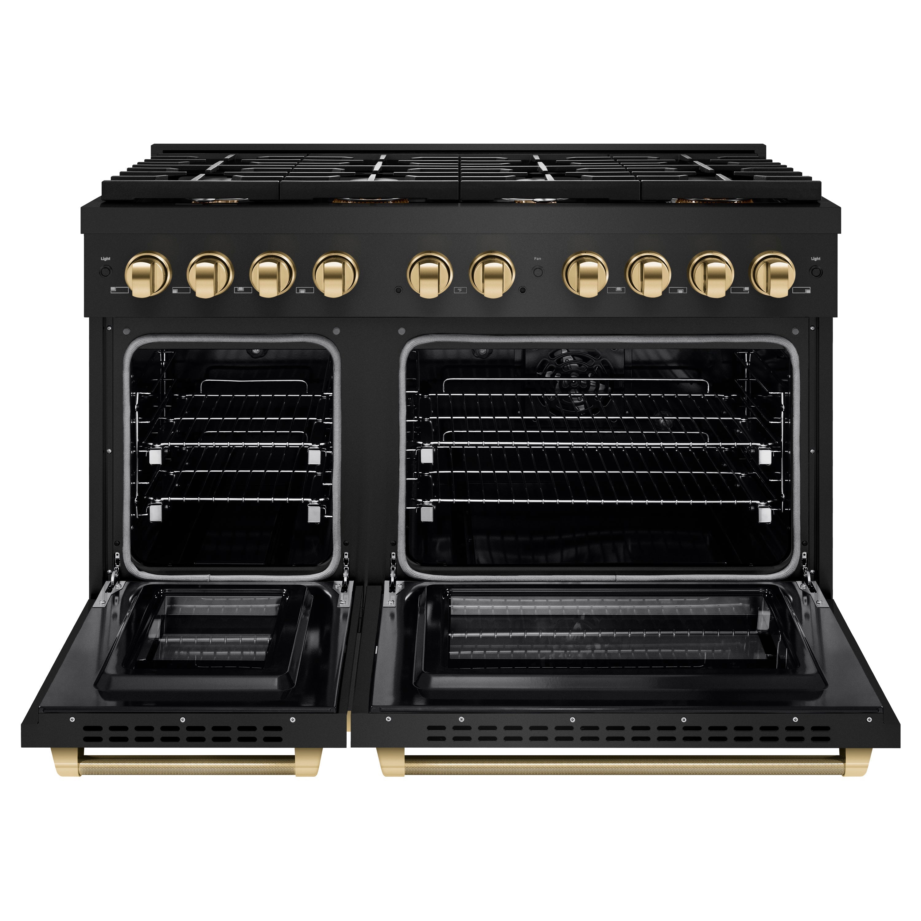 ZLINE 48 in. Dual Fuel Range Double Oven 6.7 cu. ft. 8 Burner Gas Cooktop Black Stainless Steel Polished Gold Helix Handles (SDRBZ-48-KG)