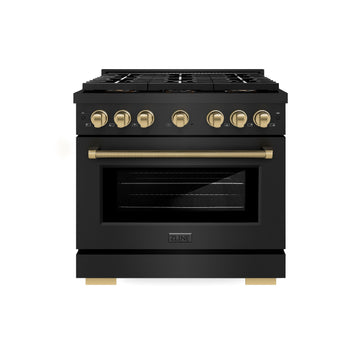 ZLINE 36 in. Dual Fuel Range 5.2 cu. ft. 6 Burner DuoPro™ Cooktop Electric Convection Oven Black Stainless Steel Champagne Bronze Helix Handle (PSDRBZ-36-KCB)