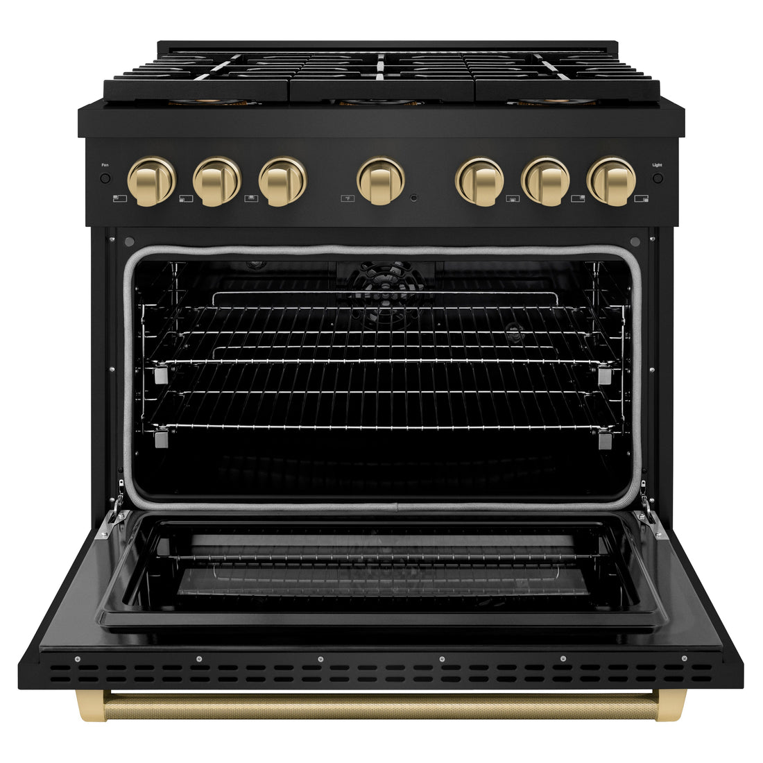 ZLINE 36 in. Dual Fuel Range 5.2 cu. ft. 6 Burner DuoPro™ Cooktop Electric Convection Oven Black Stainless Steel Champagne Bronze Helix Handle (PSDRBZ-36-KCB)