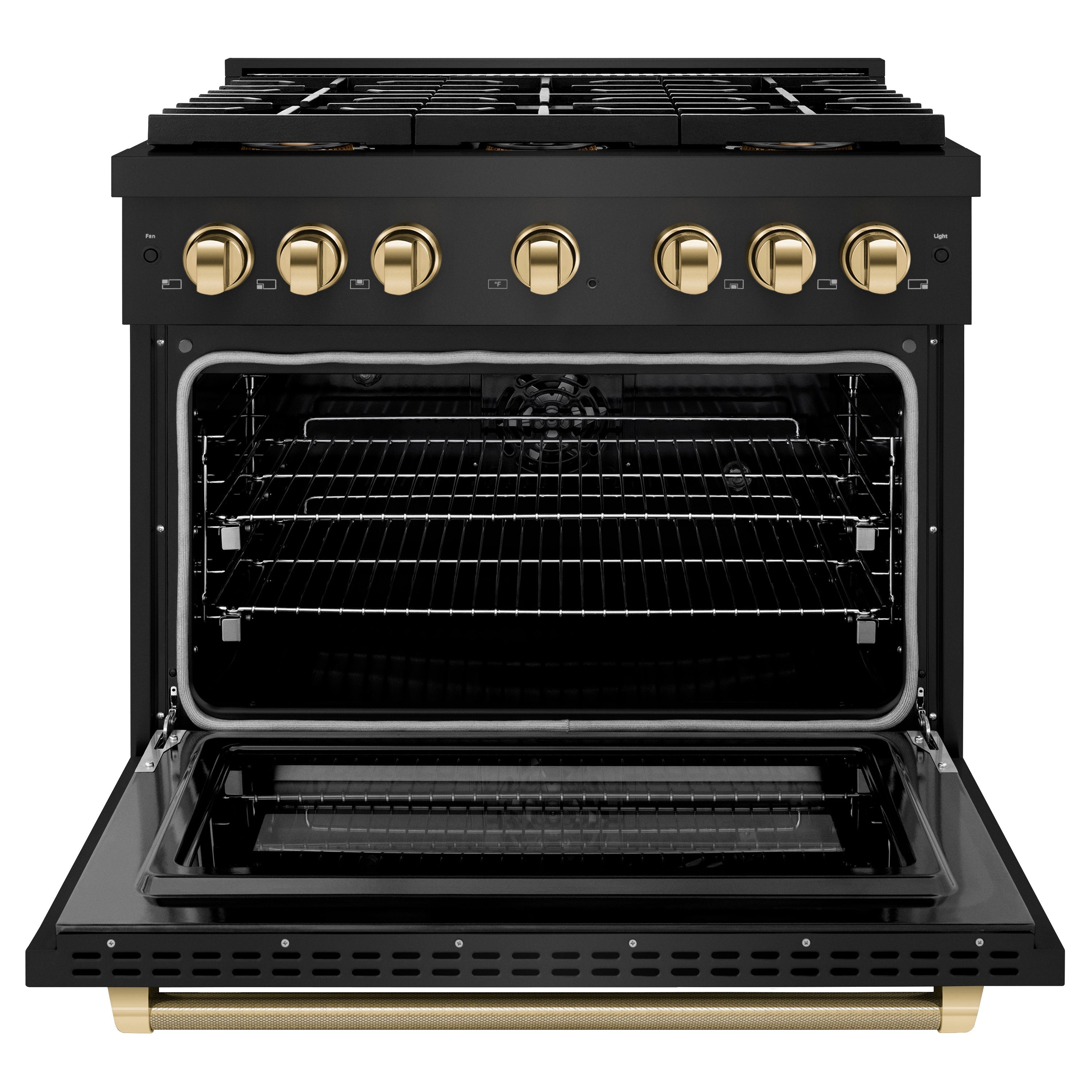 ZLINE 36 in. Dual Fuel Range 5.2 cu. ft. 6 Burner DuoPro™ Cooktop Electric Convection Oven Black Stainless Steel Polished Gold Helix Handle (PSDRBZ-36-KG)