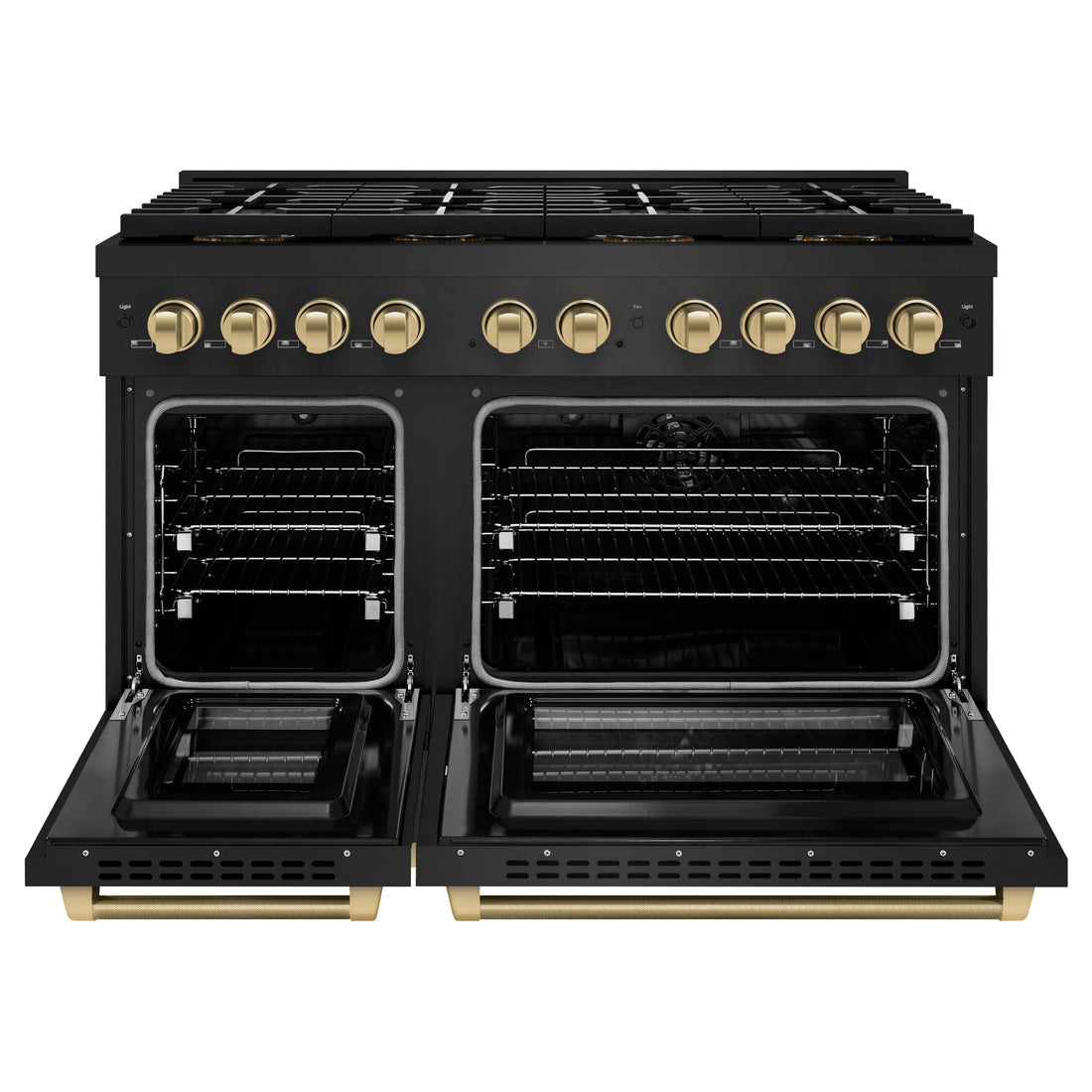 ZLINE 48 in. Dual Fuel Range 6.7 cu. ft. 8 Burner DuoPro Cooktop Dual Oven Black Stainless Steel Champagne Bronze Helix Handles (PSDRBZ-48-KCB)