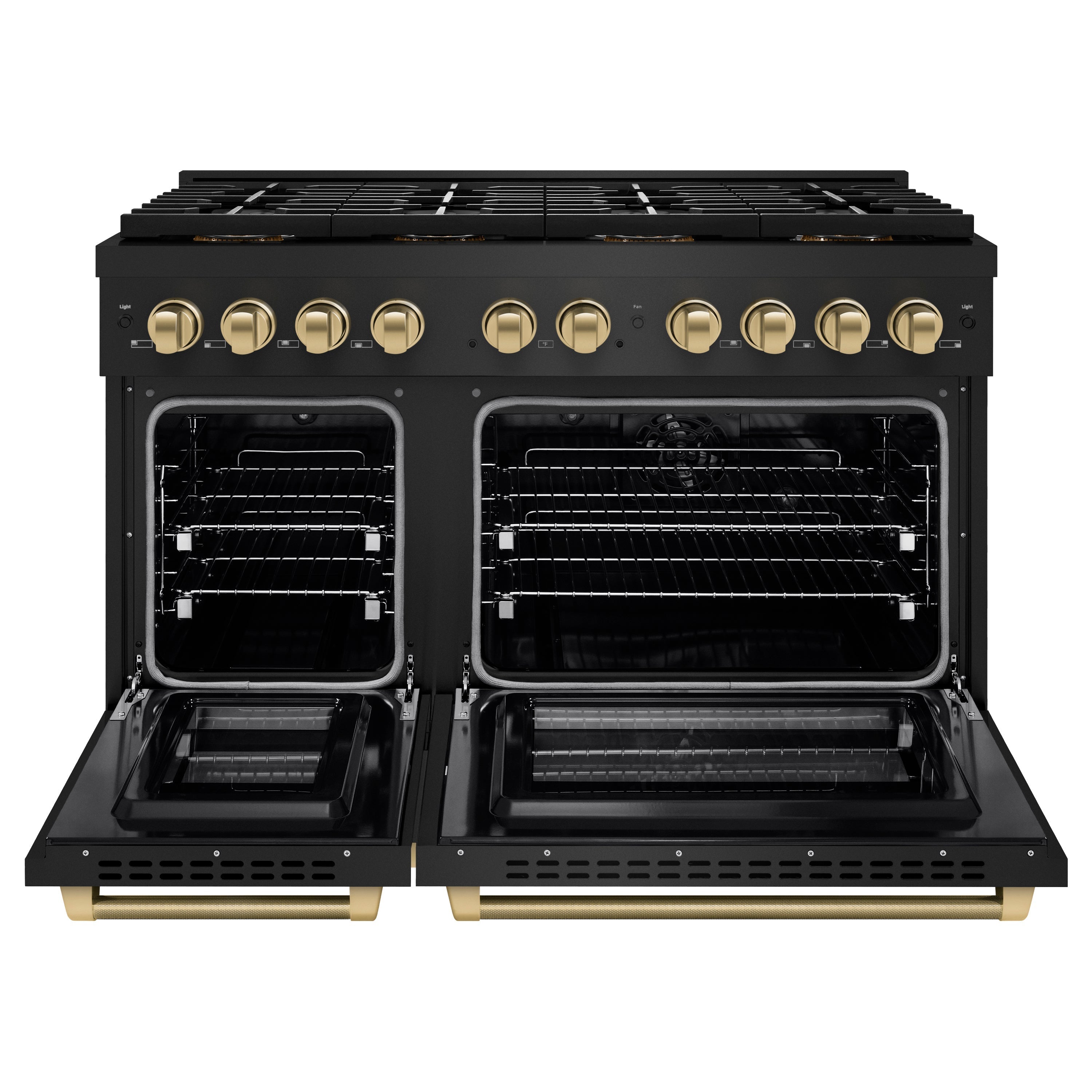 ZLINE 48 in. Dual Fuel Range 6.7 cu. ft. 8 Burner DuoPro Cooktop Dual Oven Black Stainless Steel Champagne Bronze Helix Handles (PSDRBZ-48-KCB)