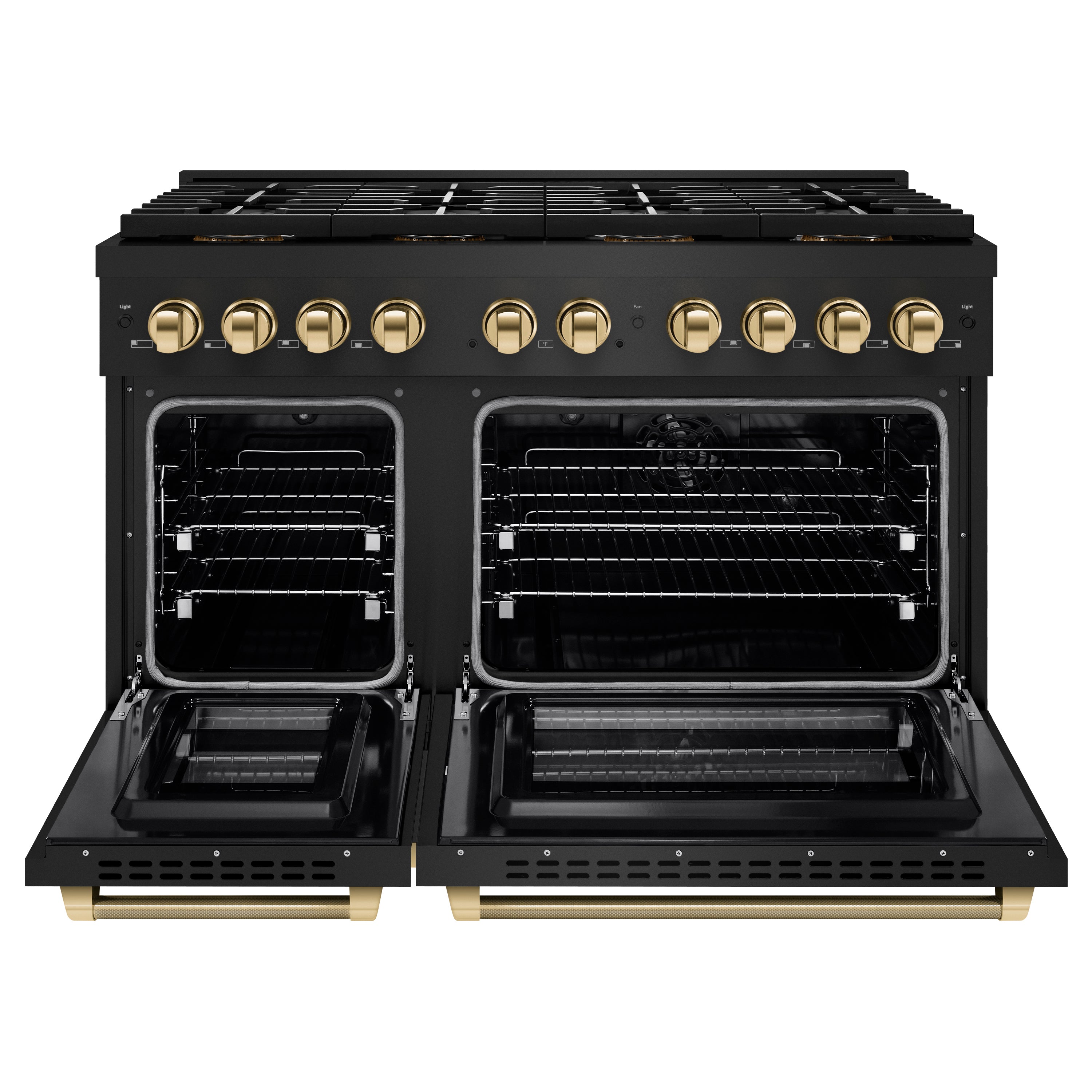 ZLINE 48 in. Dual Fuel Range 6.7 cu. ft. 8 Burner DuoPro Cooktop Dual Ovens Black Stainless Steel Polished Gold Helix Handles (PSDRBZ-48-KG)