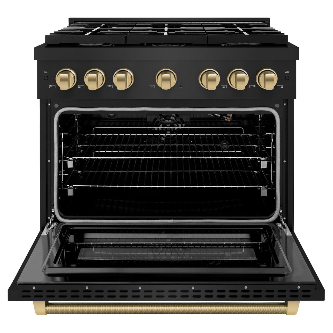ZLINE 36 in. Gas Range 5.2 cu. ft. 6 Burner Cooktop Convection Gas Oven Black Stainless Steel Champagne Bronze Helix Handle Accents (SGRBZ-36-KCB)