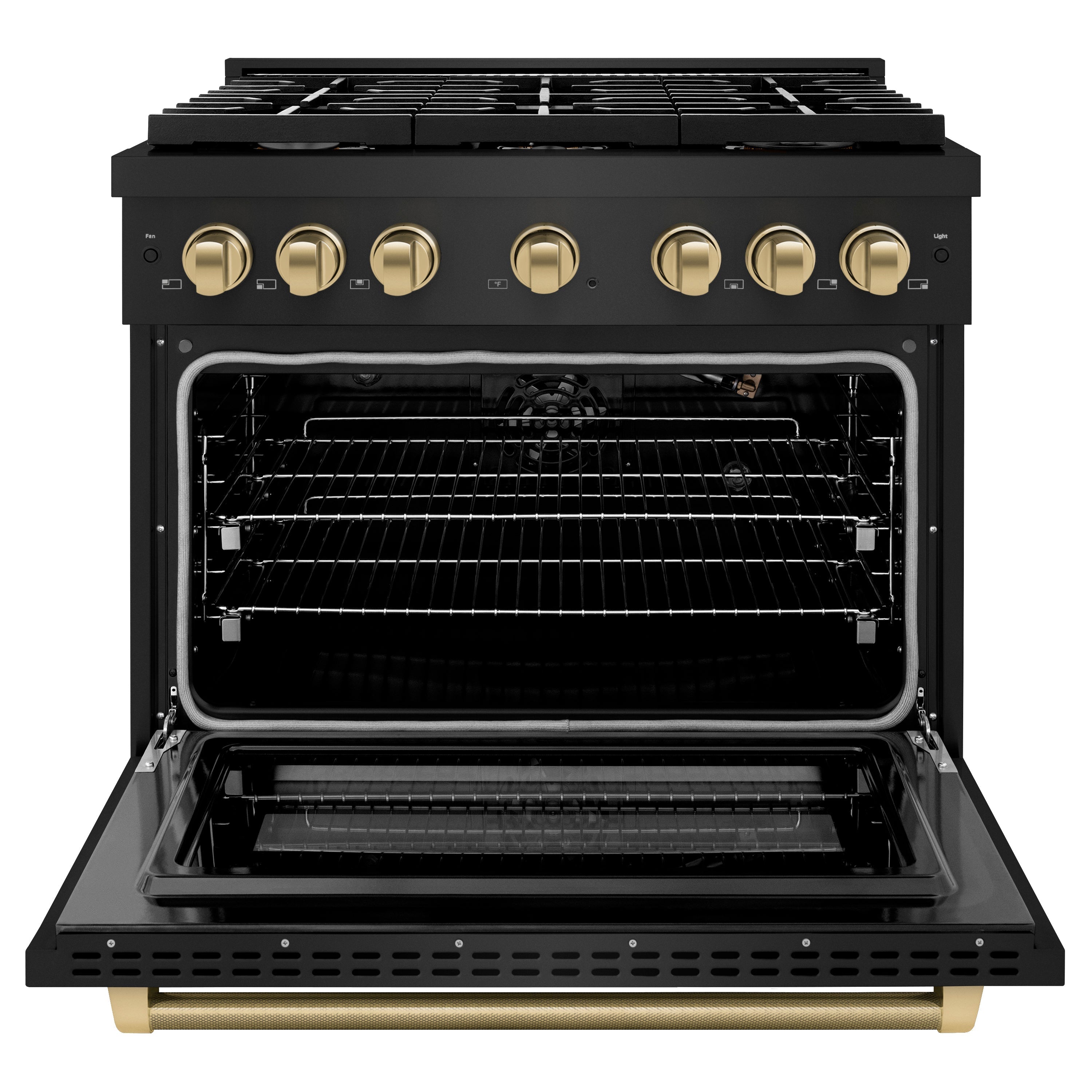 ZLINE 36 in. Gas Range 5.2 cu. ft. 6 Burner Cooktop Convection Gas Oven Black Stainless Steel Champagne Bronze Helix Handle Accents (SGRBZ-36-KCB)