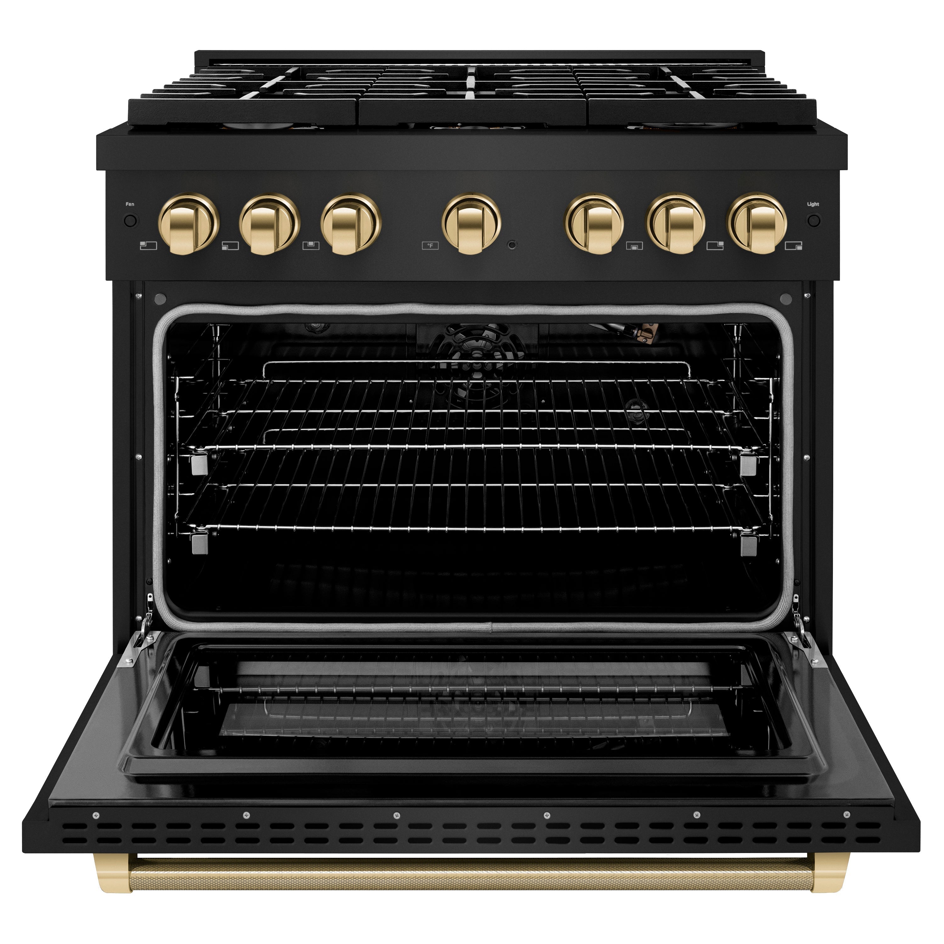 ZLINE 36 in. Gas Range 5.2 cu. ft. 6 Burner Cooktop Convection Gas Oven Black Stainless Steel Polished Gold Helix Handle & Knob Accents (SGRBZ-36-KG)