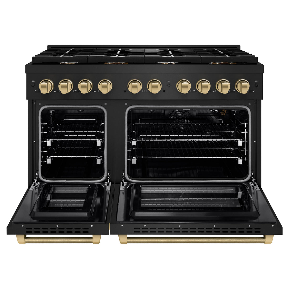 ZLINE 48 in. Gas Range Double Oven 6.7 cu. ft. 8 Burner Cooktop Black Stainless Steel with Champagne Bronze Helix Handles & Knobs (SGRBZ-48-KCB)