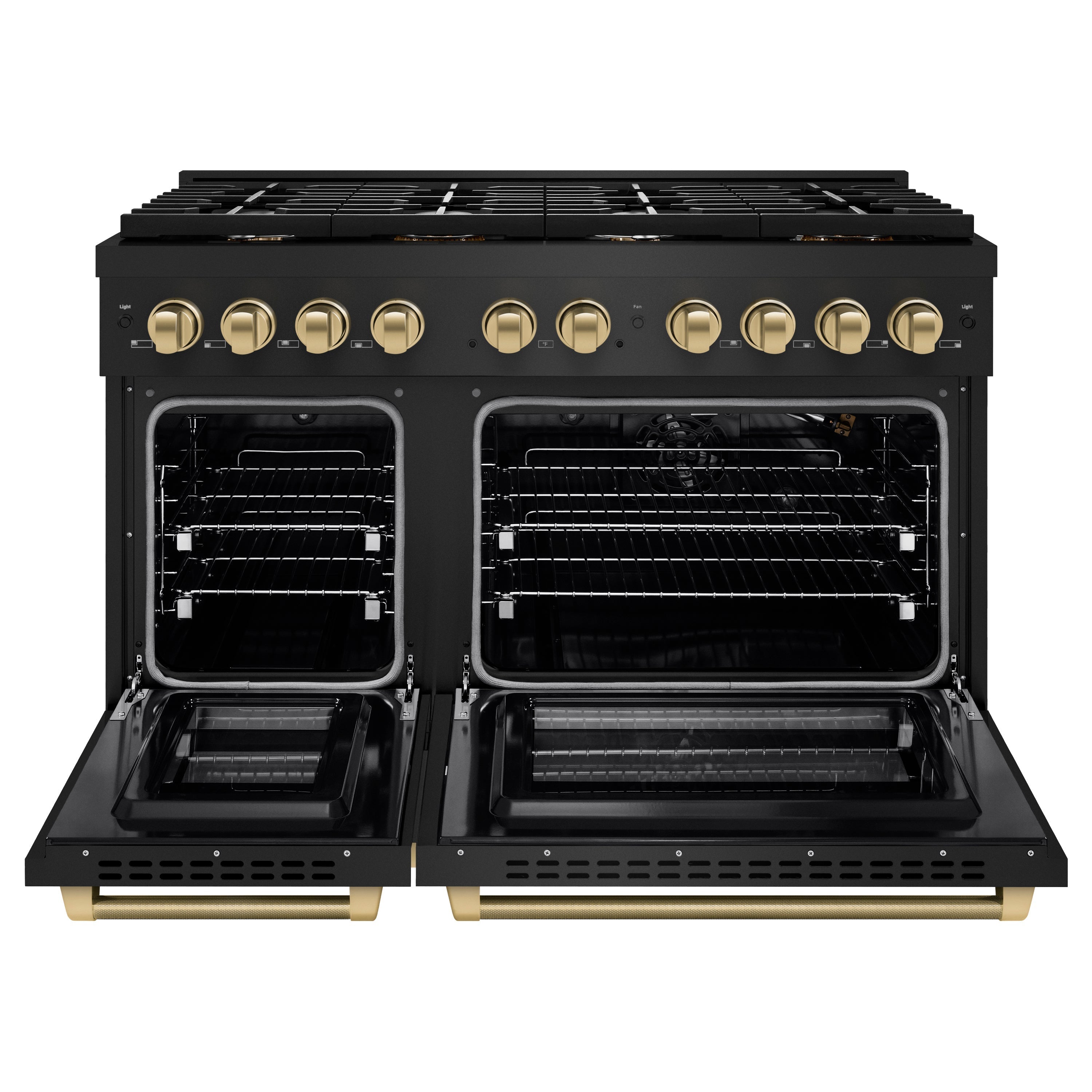 ZLINE 48 in. Gas Range Double Oven 6.7 cu. ft. 8 Burner Cooktop Black Stainless Steel with Champagne Bronze Helix Handles & Knobs (SGRBZ-48-KCB)