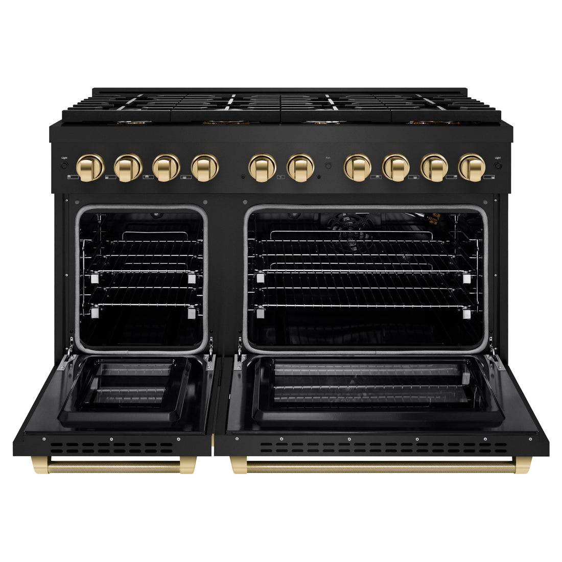 ZLINE 48 Inch Gas Range Double Oven 6.7 cu. ft. 8 Burner Cooktop Black Stainless Steel Polished Gold Helix Handles (SGRBZ-48-KG)