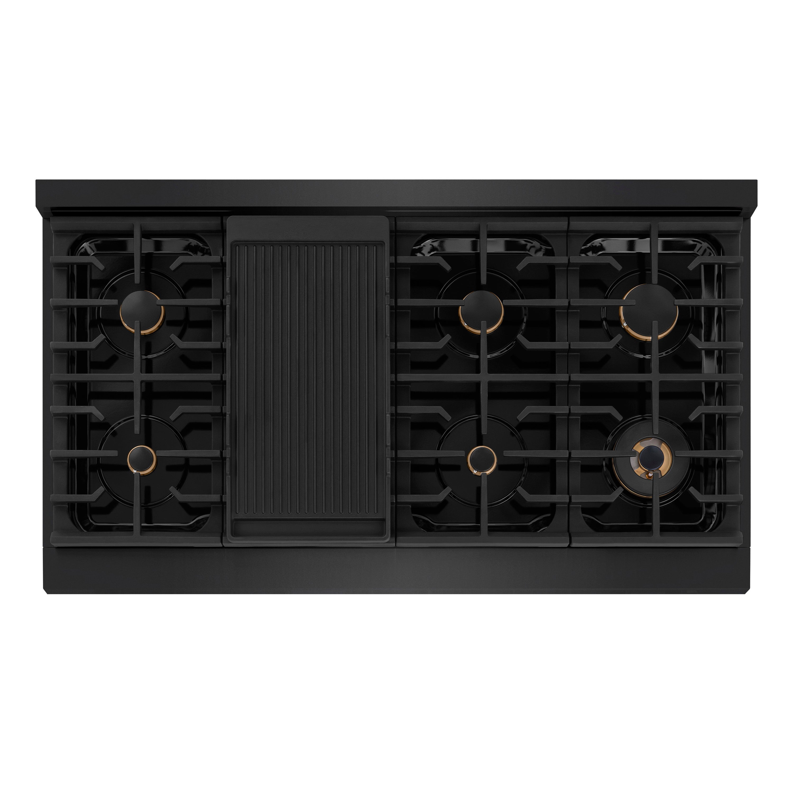 ZLINE 48 Inch Gas Range Double Oven 6.7 cu. ft. 8 Burner Cooktop Black Stainless Steel Polished Gold Helix Handles (SGRBZ-48-KG)