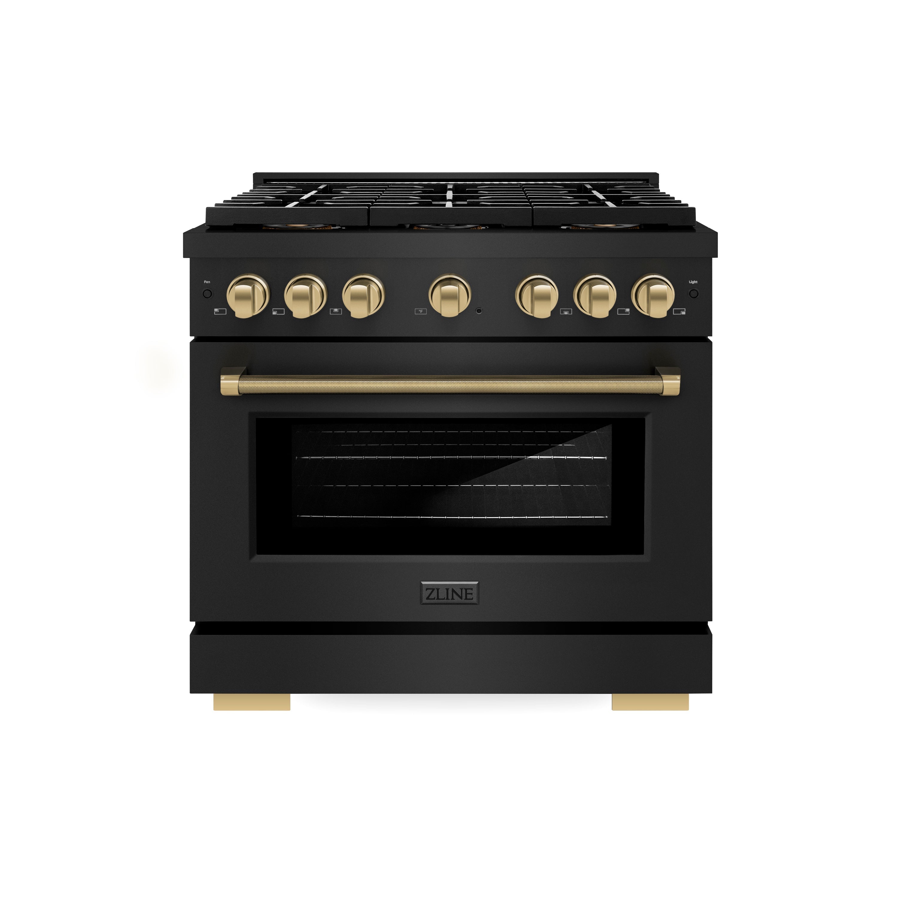 ZLINE 36 in. Gas Range 5.2 cu. ft. 6 Burner DuoPro™ Cooktop Convection Oven Black Stainless Steel Champagne Bronze Accents (PSGRBZ-36-KCB)