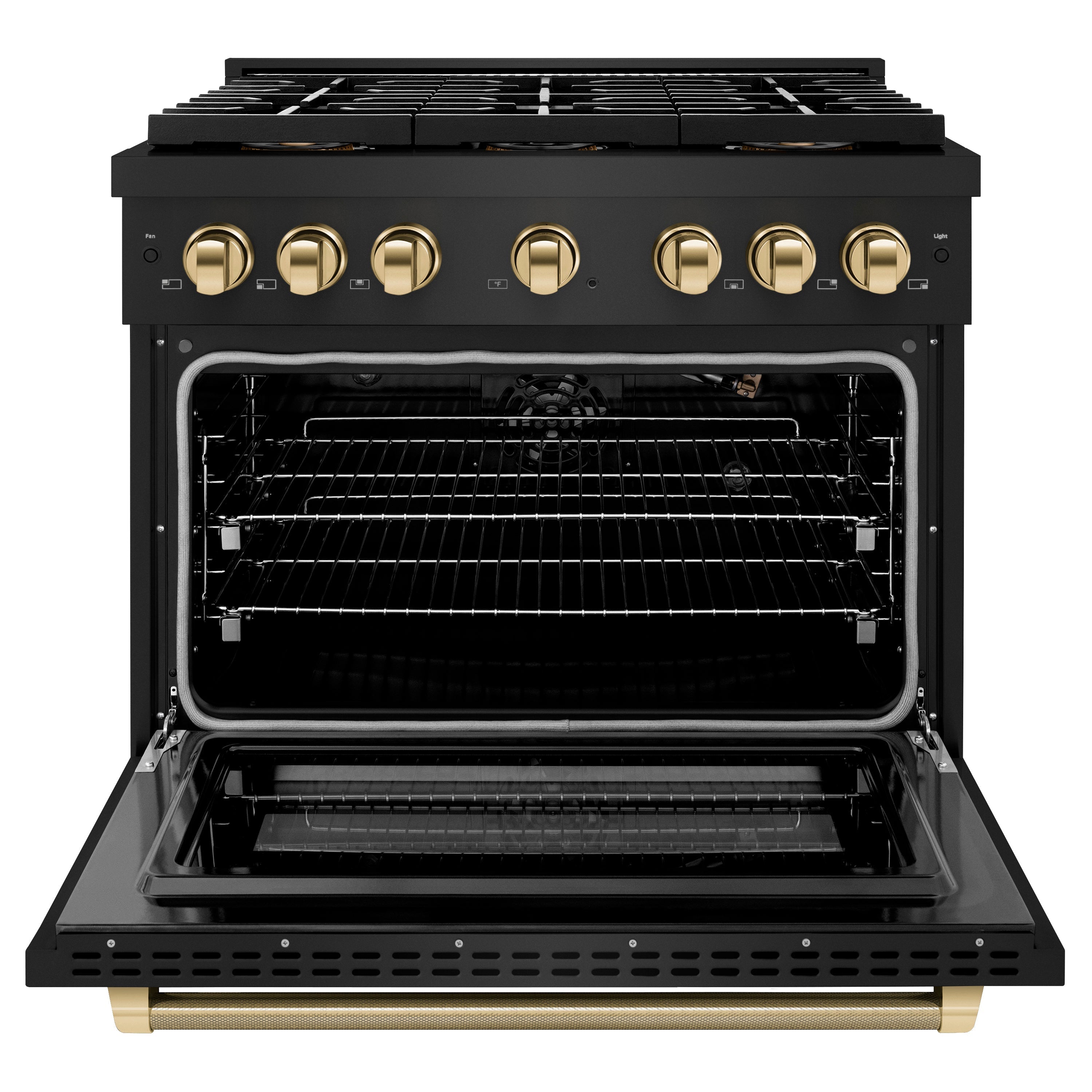 ZLINE 36 in. Gas Range 5.2 cu. ft. 6 Burner DuoPro™ Cooktop Convection Oven Black Stainless Steel Polished Gold Helix Handle (PSGRBZ-36-KG)