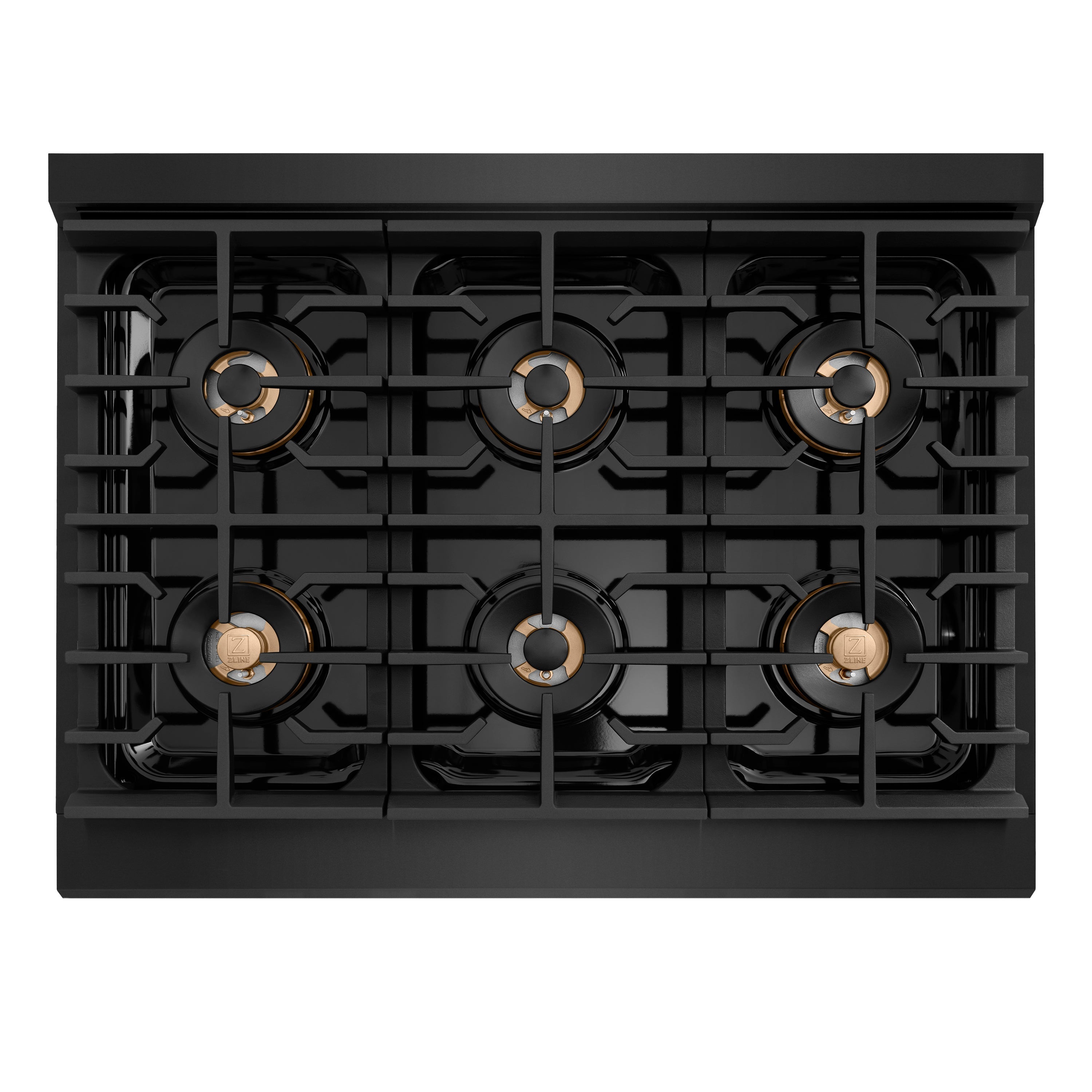 ZLINE 36 in. Gas Range 5.2 cu. ft. 6 Burner DuoPro™ Cooktop Convection Oven Black Stainless Steel Polished Gold Helix Handle (PSGRBZ-36-KG)