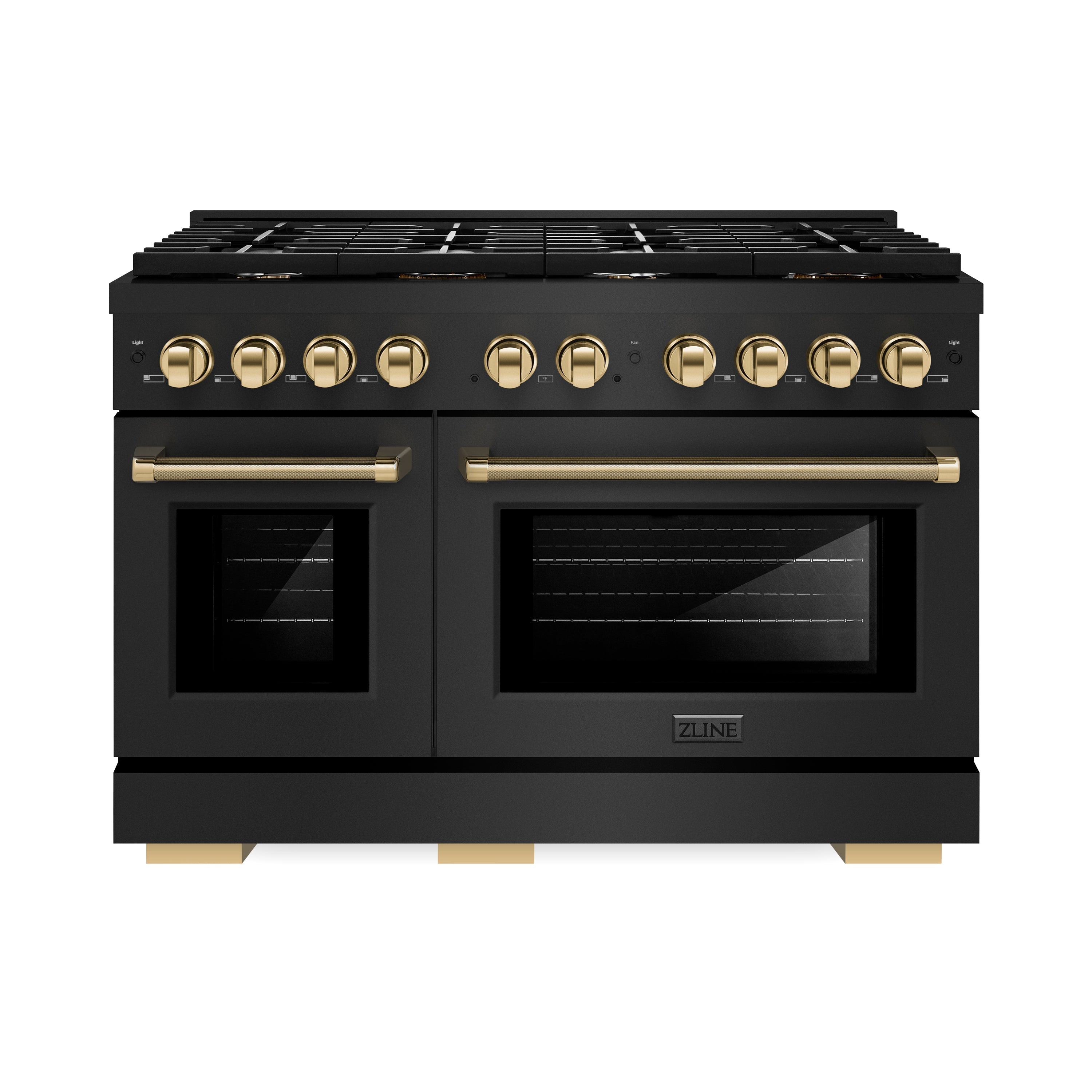 ZLINE 48 in. Gas Range 6.7 cu. ft. 8 Burner DuoPro™ Cooktop Dual Ovens Black Stainless Steel Polished Gold Accents (PSGRBZ-48-KG)