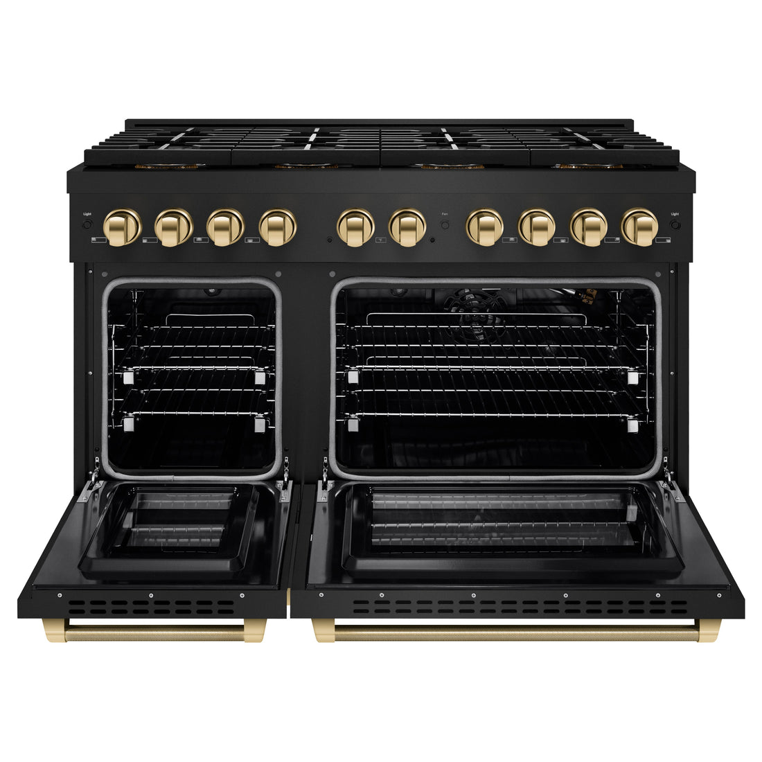 ZLINE 48 in. Gas Range 6.7 cu. ft. 8 Burner DuoPro™ Cooktop Dual Ovens Black Stainless Steel Polished Gold Accents (PSGRBZ-48-KG)