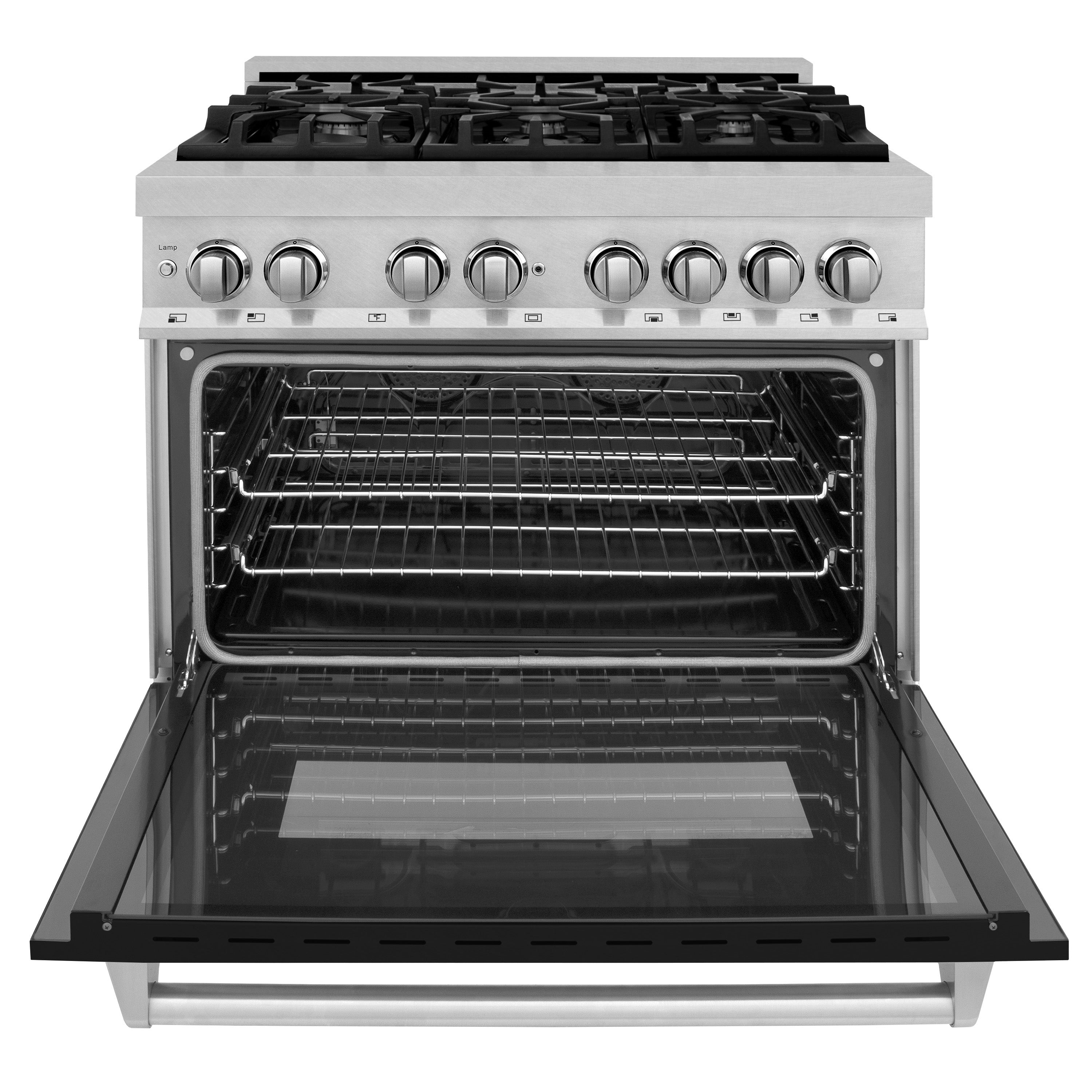ZLINE Legacy 36-Inch Dual Fuel Range, 4.6 cu. ft. Electric Convection Oven, 6-Burner Gas Cooktop, Satin Stainless Steel with Black Matte Door – Model RAS-BLM-36