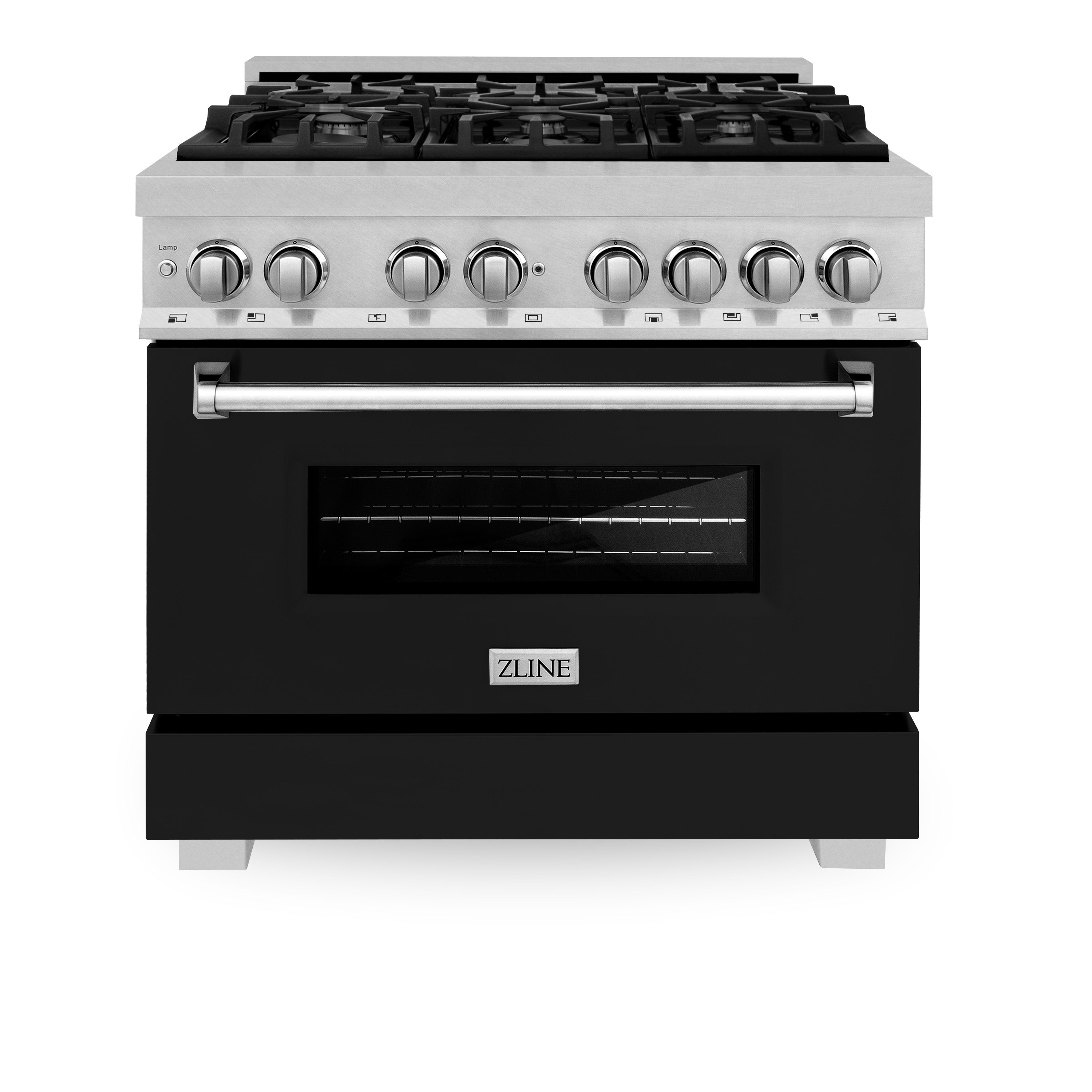 ZLINE Legacy 36-Inch Dual Fuel Range, 4.6 cu. ft. Electric Convection Oven, 6-Burner Gas Cooktop, Satin Stainless Steel with Black Matte Door – Model RAS-BLM-36