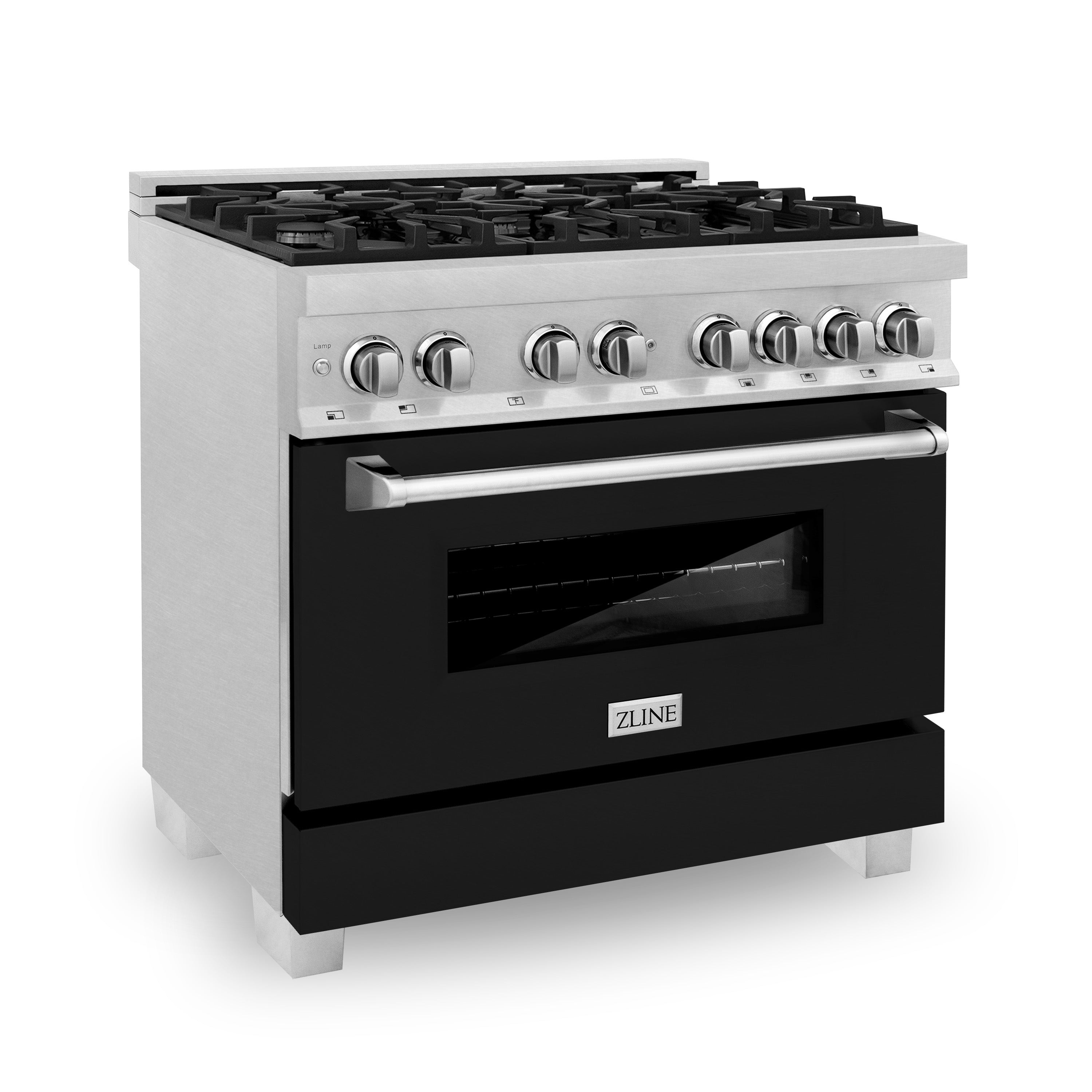 ZLINE Legacy 36-Inch Dual Fuel Range, 4.6 cu. ft. Electric Convection Oven, 6-Burner Gas Cooktop, Satin Stainless Steel with Black Matte Door – Model RAS-BLM-36