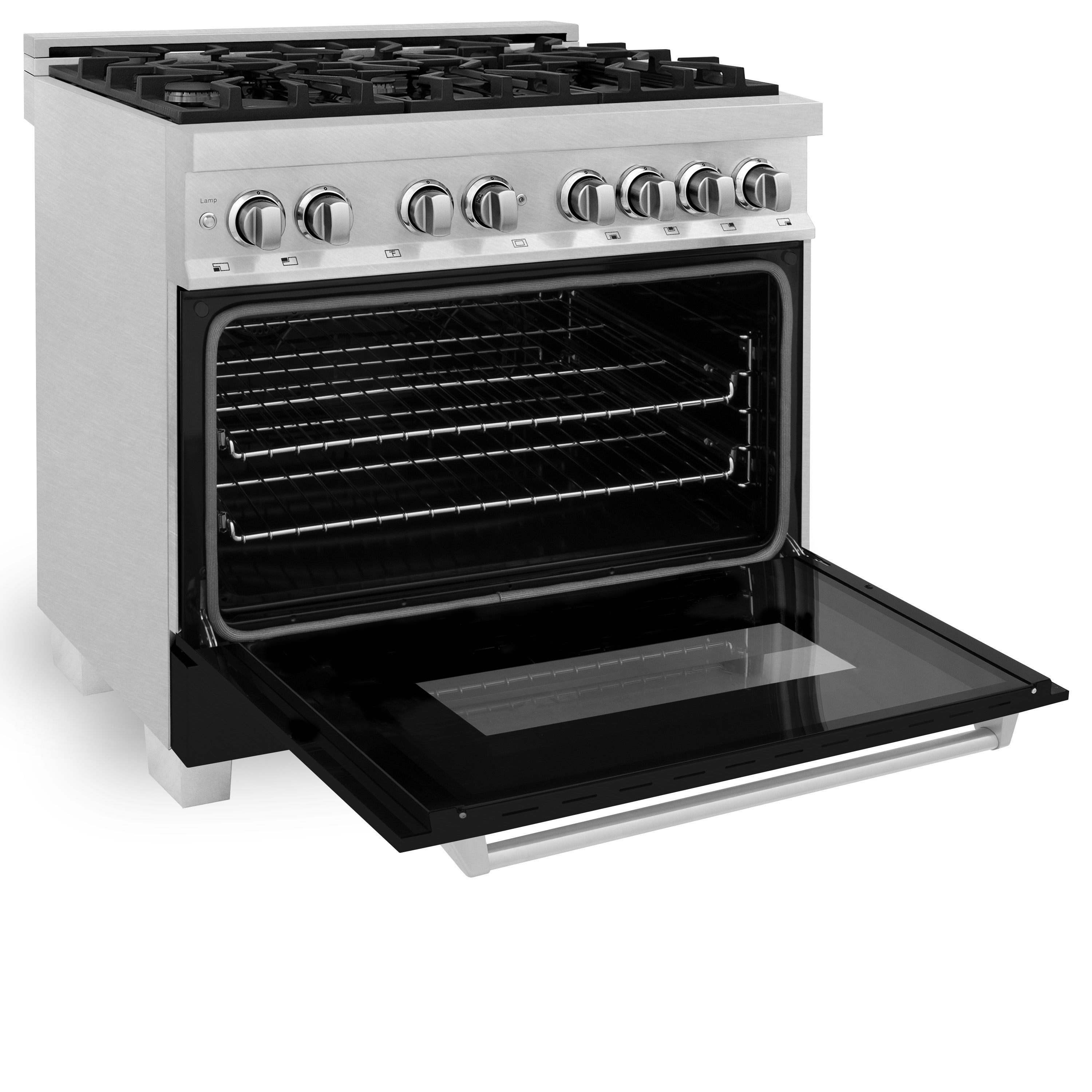 ZLINE Legacy 36-Inch Dual Fuel Range, 4.6 cu. ft. Electric Convection Oven, 6-Burner Gas Cooktop, Satin Stainless Steel with Black Matte Door – Model RAS-BLM-36