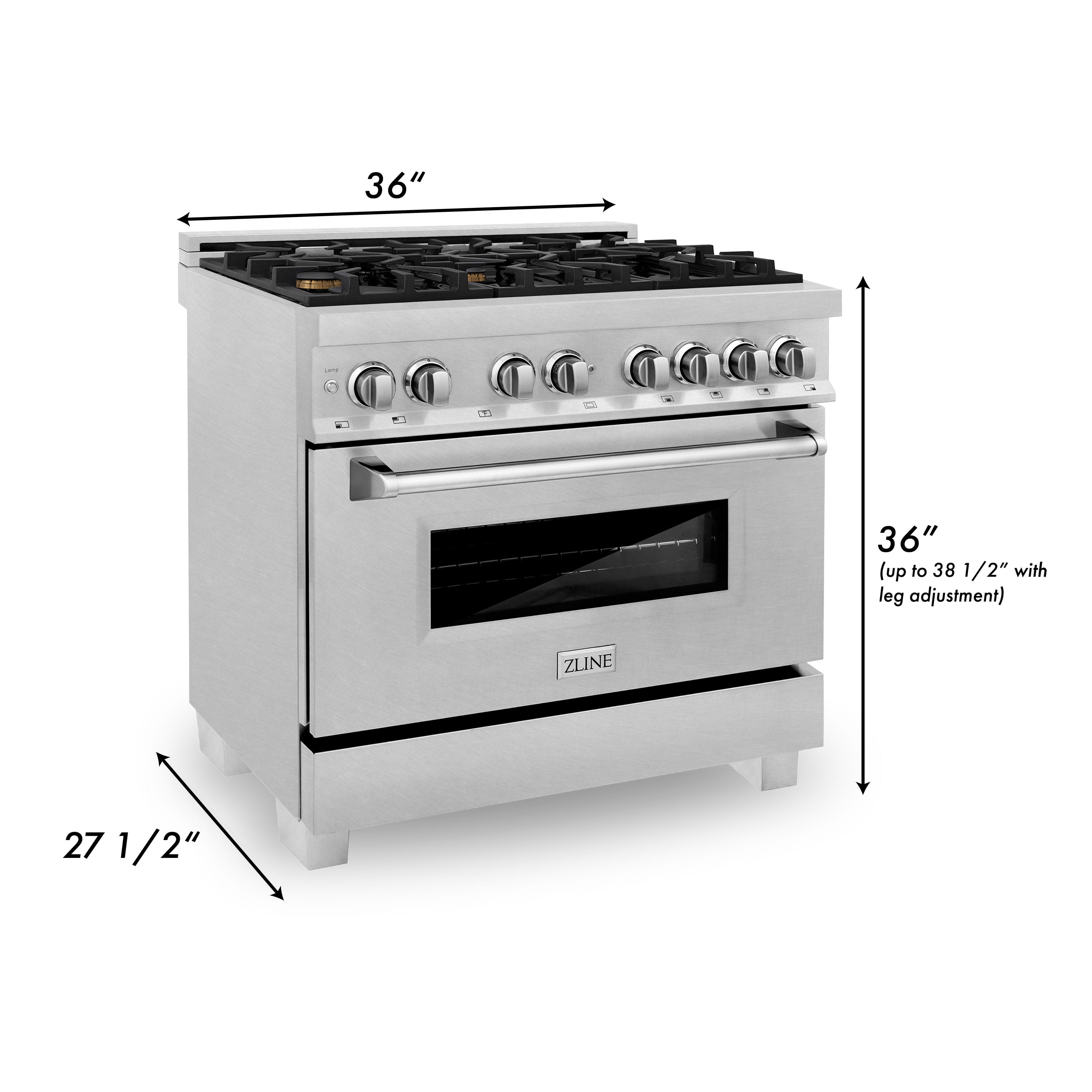 ZLINE 36 in. 4.6 cu. ft. Legacy Series Dual Fuel Range with 6-Burner Gas Cooktop and Electric Convection Oven in Satin Stainless Steel with Brass Burners (RAS-SN-BR-36)