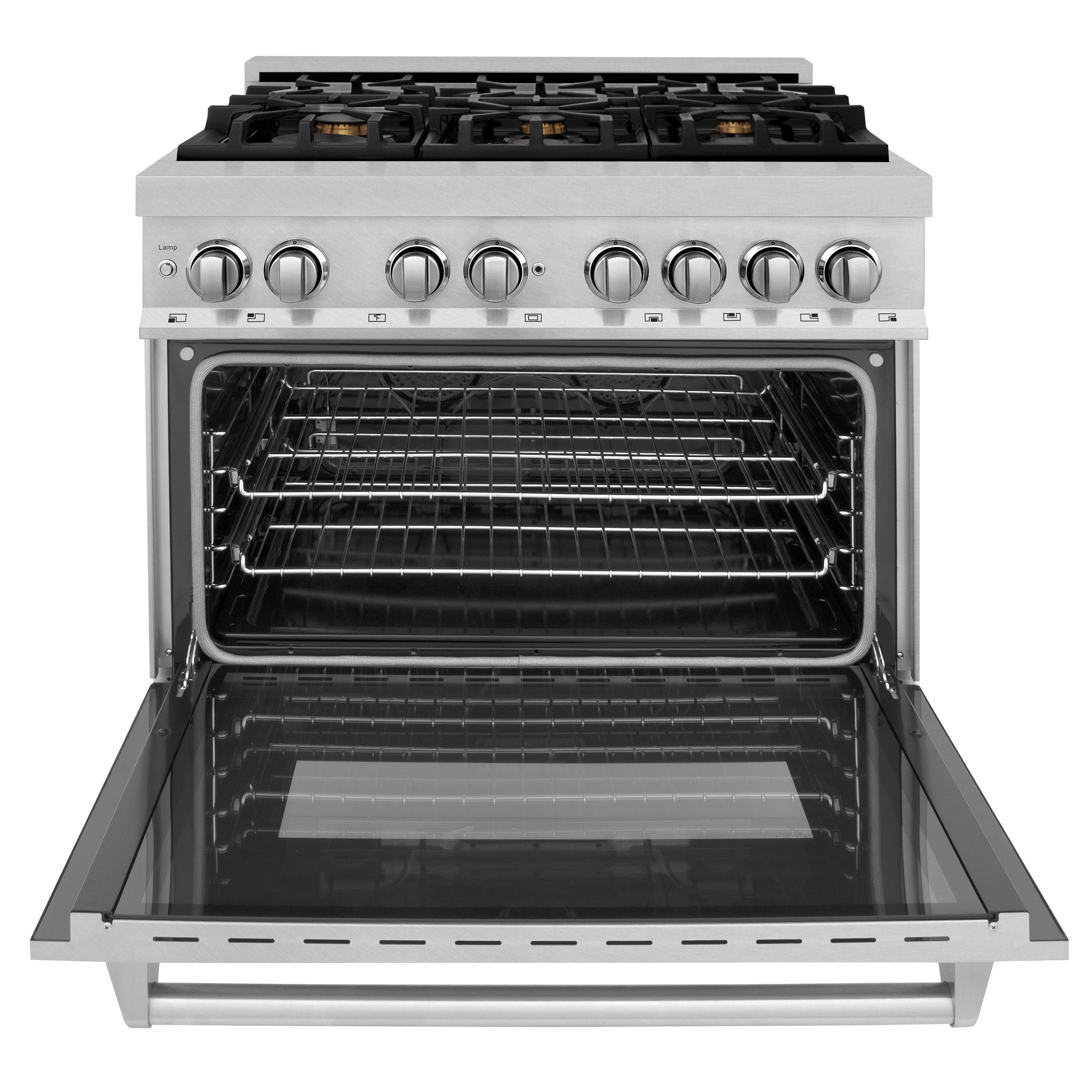 ZLINE 36 in. 4.6 cu. ft. Legacy Series Dual Fuel Range with 6-Burner Gas Cooktop and Electric Convection Oven in Satin Stainless Steel with Brass Burners (RAS-SN-BR-36)