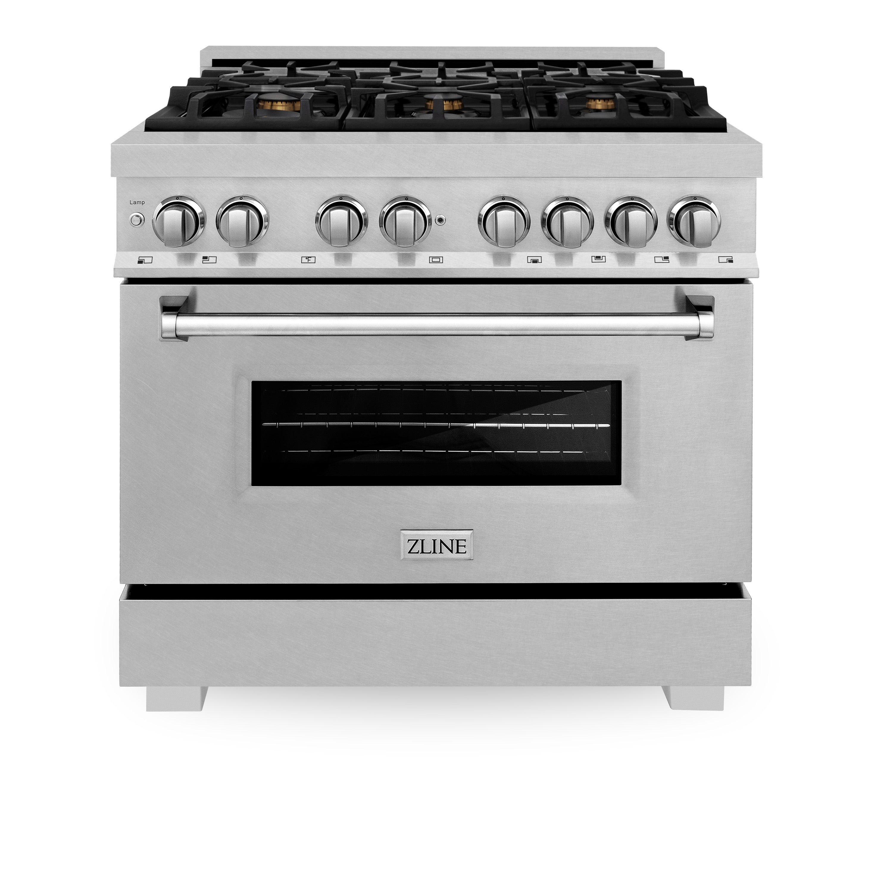 ZLINE 36 in. 4.6 cu. ft. Legacy Series Dual Fuel Range with 6-Burner Gas Cooktop and Electric Convection Oven in Satin Stainless Steel with Brass Burners (RAS-SN-BR-36)