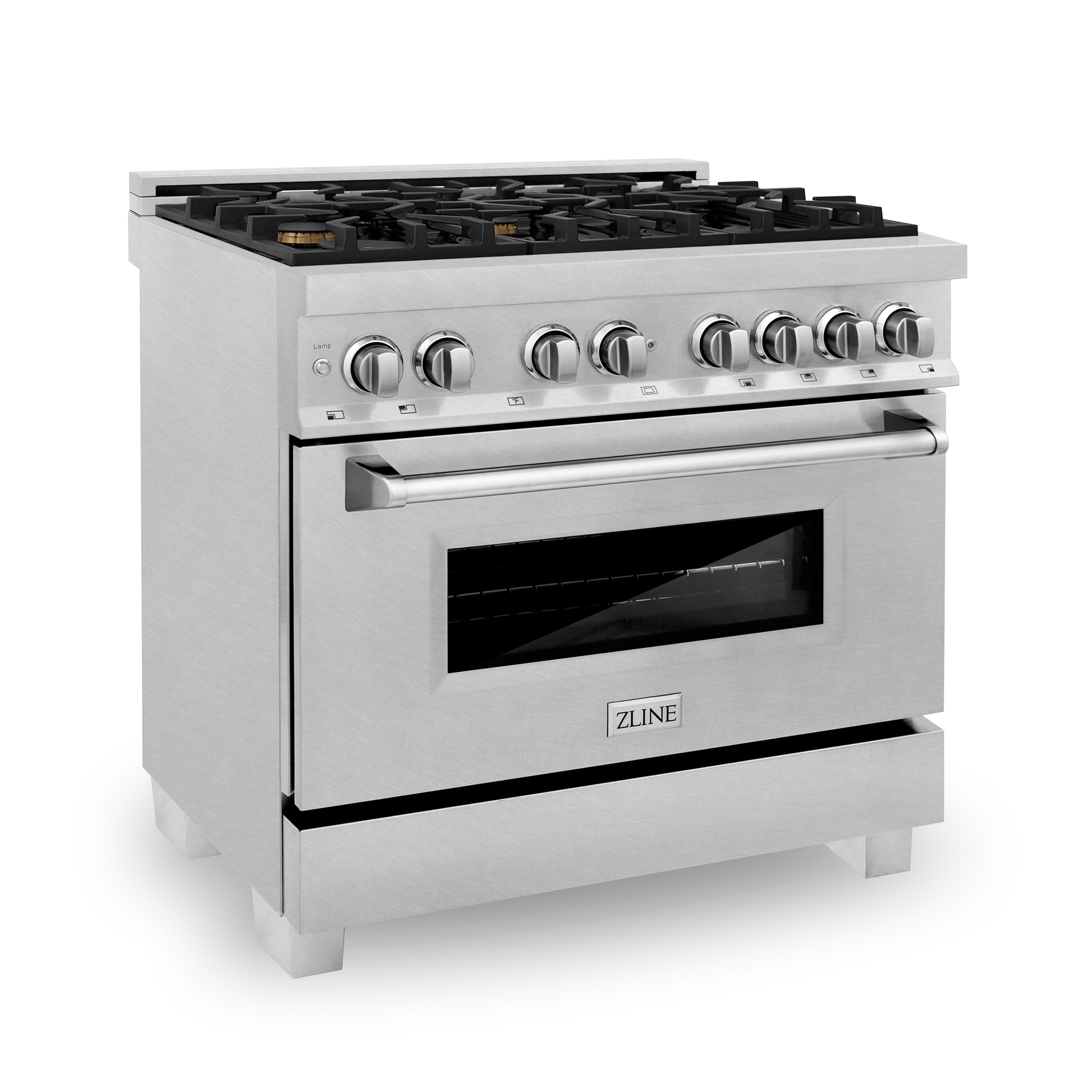 ZLINE 36 in. 4.6 cu. ft. Legacy Series Dual Fuel Range with 6-Burner Gas Cooktop and Electric Convection Oven in Satin Stainless Steel with Brass Burners (RAS-SN-BR-36)