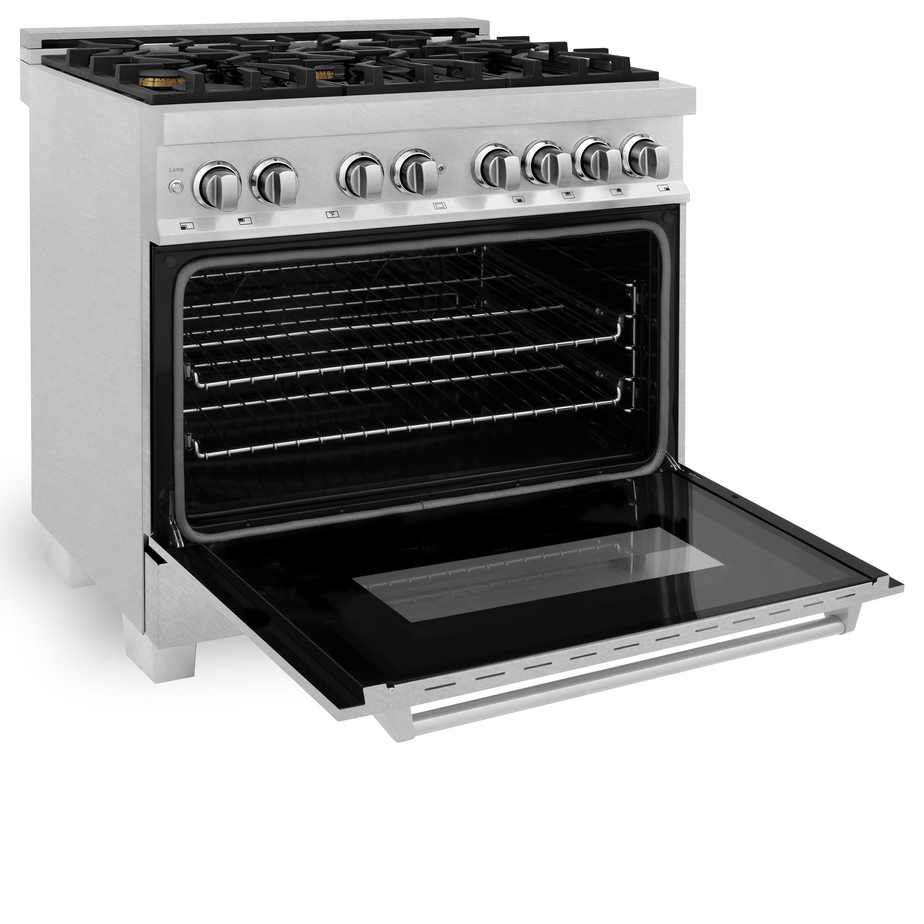 ZLINE 36 in. 4.6 cu. ft. Legacy Series Dual Fuel Range with 6-Burner Gas Cooktop and Electric Convection Oven in Satin Stainless Steel with Brass Burners (RAS-SN-BR-36)