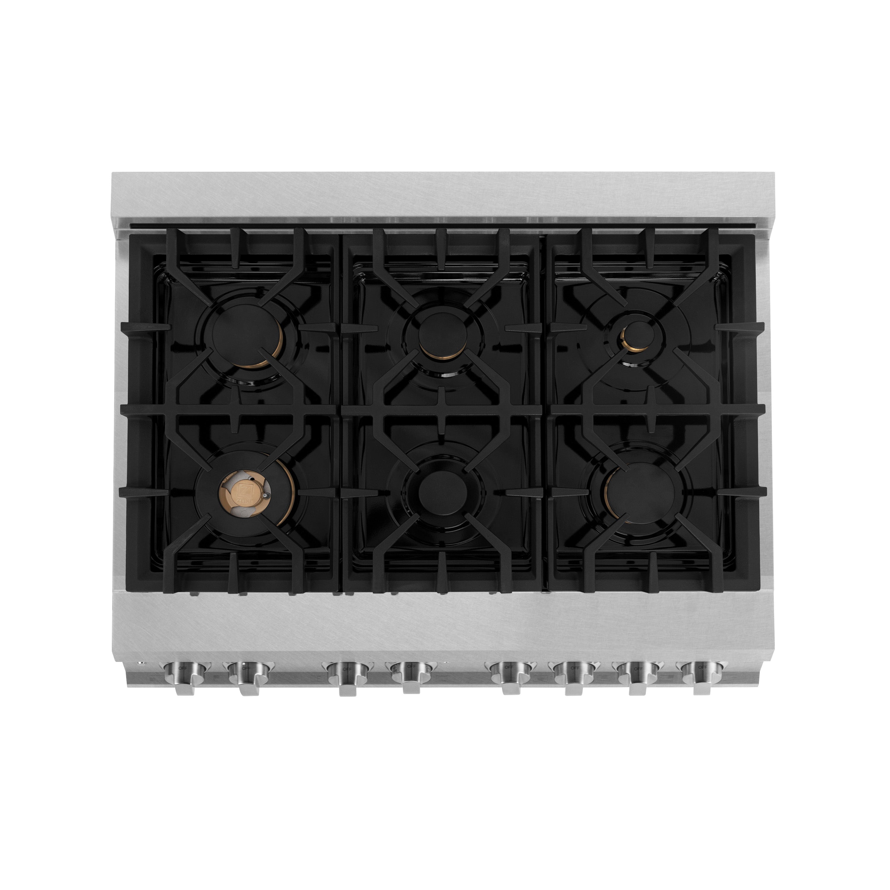 ZLINE 36 in. 4.6 cu. ft. Legacy Series Dual Fuel Range with 6-Burner Gas Cooktop and Electric Convection Oven in Satin Stainless Steel with Brass Burners (RAS-SN-BR-36)