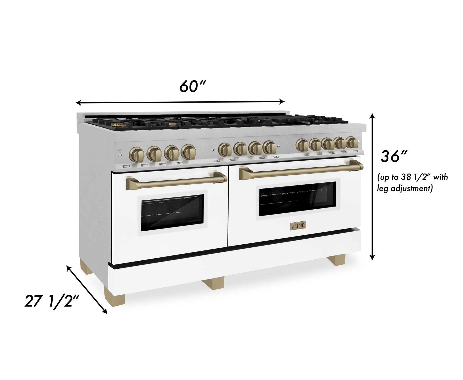 ZLINE Autograph Edition 60 in. 7.4 cu. ft. Legacy Dual Fuel Range with 9 Burner Gas Cooktop and 2 Electric Convection Ovens in Satin Stainless Steel with White Matte Doors and Champagne Bronze Accents (RASZ-WM-60-CB)
