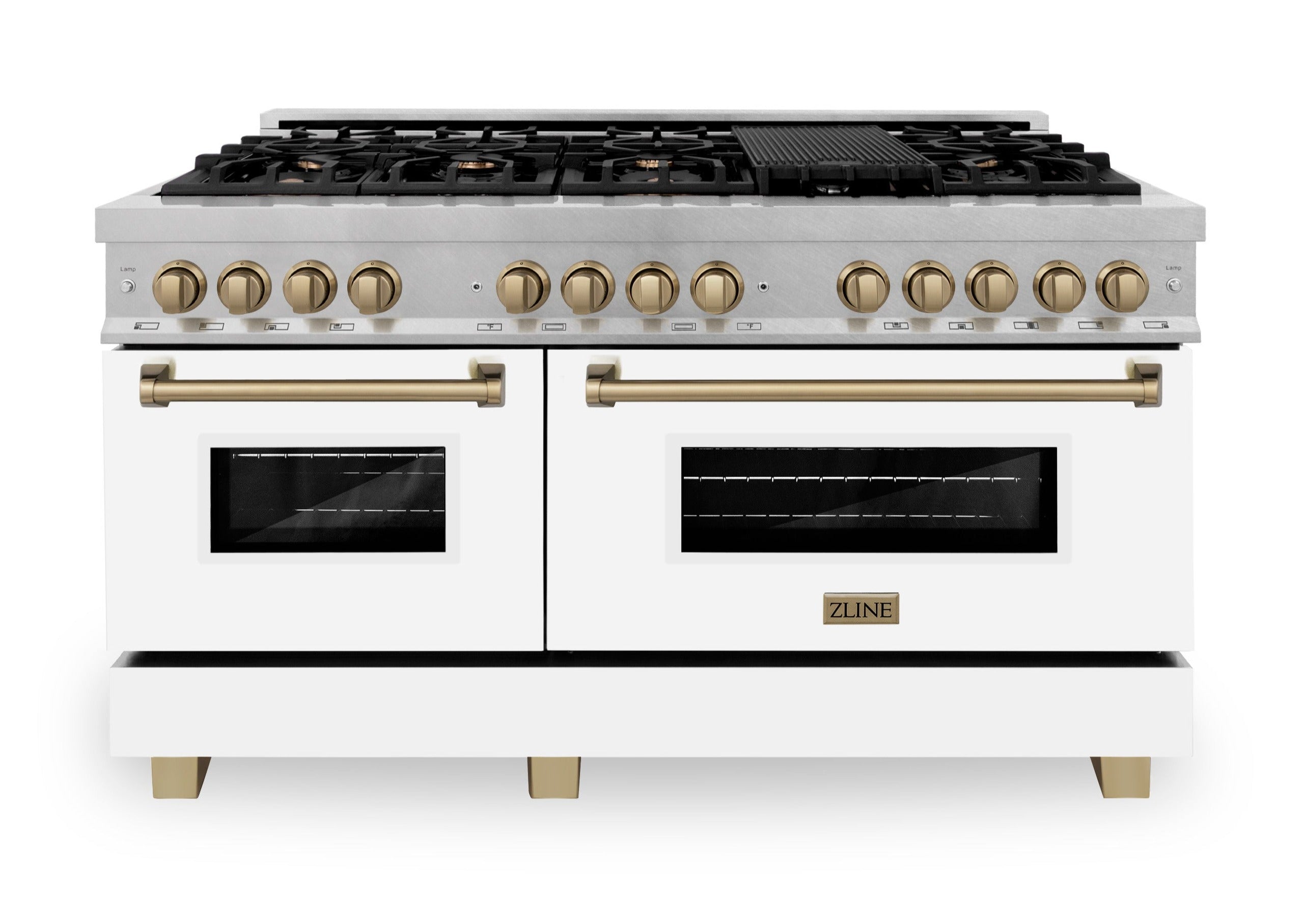 ZLINE Autograph Edition 60 in. 7.4 cu. ft. Legacy Dual Fuel Range with 9 Burner Gas Cooktop and 2 Electric Convection Ovens in Satin Stainless Steel with White Matte Doors and Champagne Bronze Accents (RASZ-WM-60-CB)