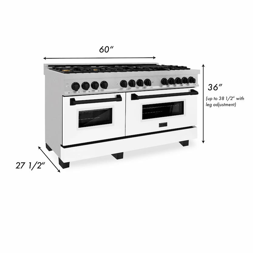 ZLINE Autograph 60 in. Legacy Dual Fuel Range with 9 Gas Burners and Double Electric Convection Ovens, 7.4 cu. ft., Satin Stainless Steel with White Matte Doors and Matte Black Accents (RASZ-WM-60-MB)
