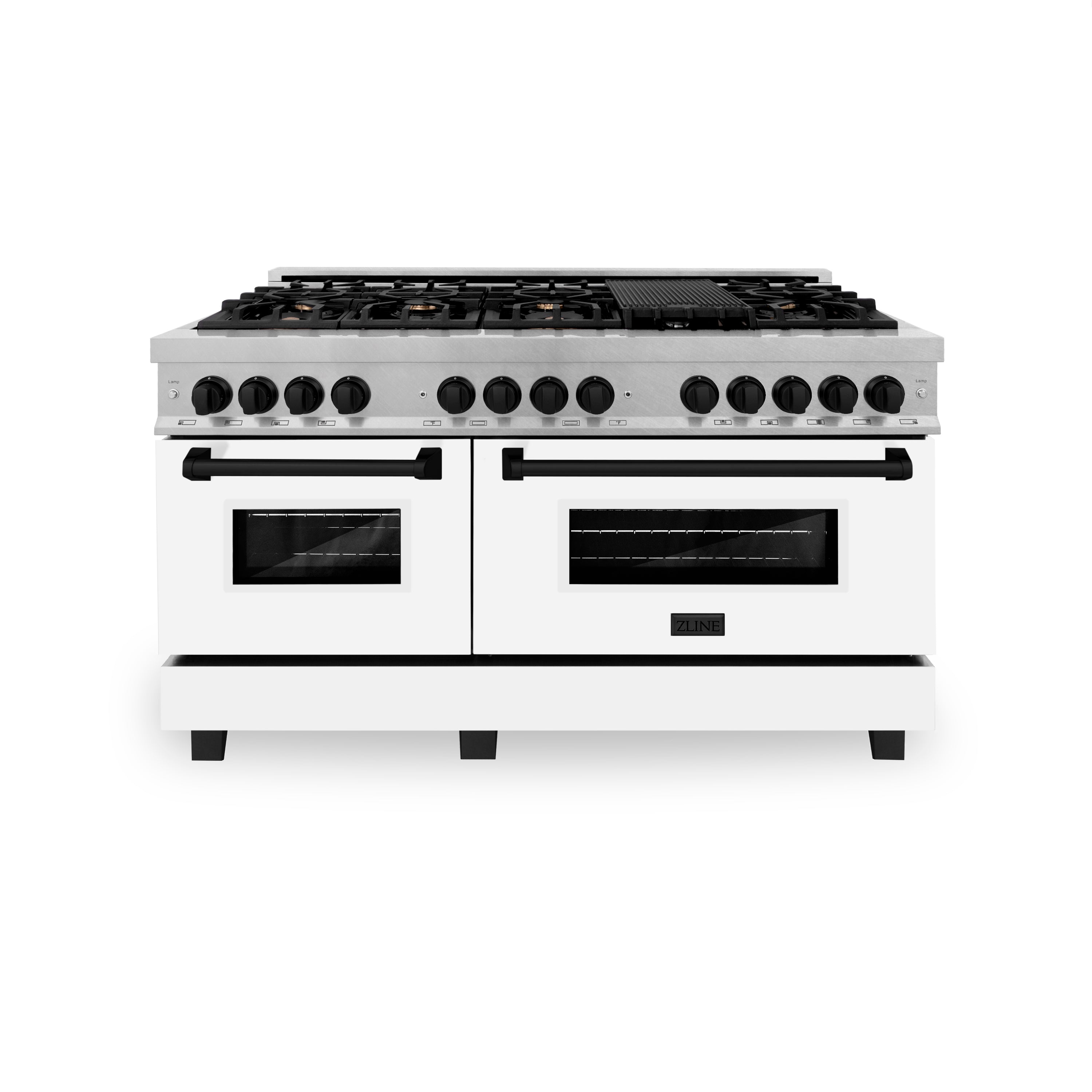 ZLINE Autograph 60 in. Legacy Dual Fuel Range with 9 Gas Burners and Double Electric Convection Ovens, 7.4 cu. ft., Satin Stainless Steel with White Matte Doors and Matte Black Accents (RASZ-WM-60-MB)