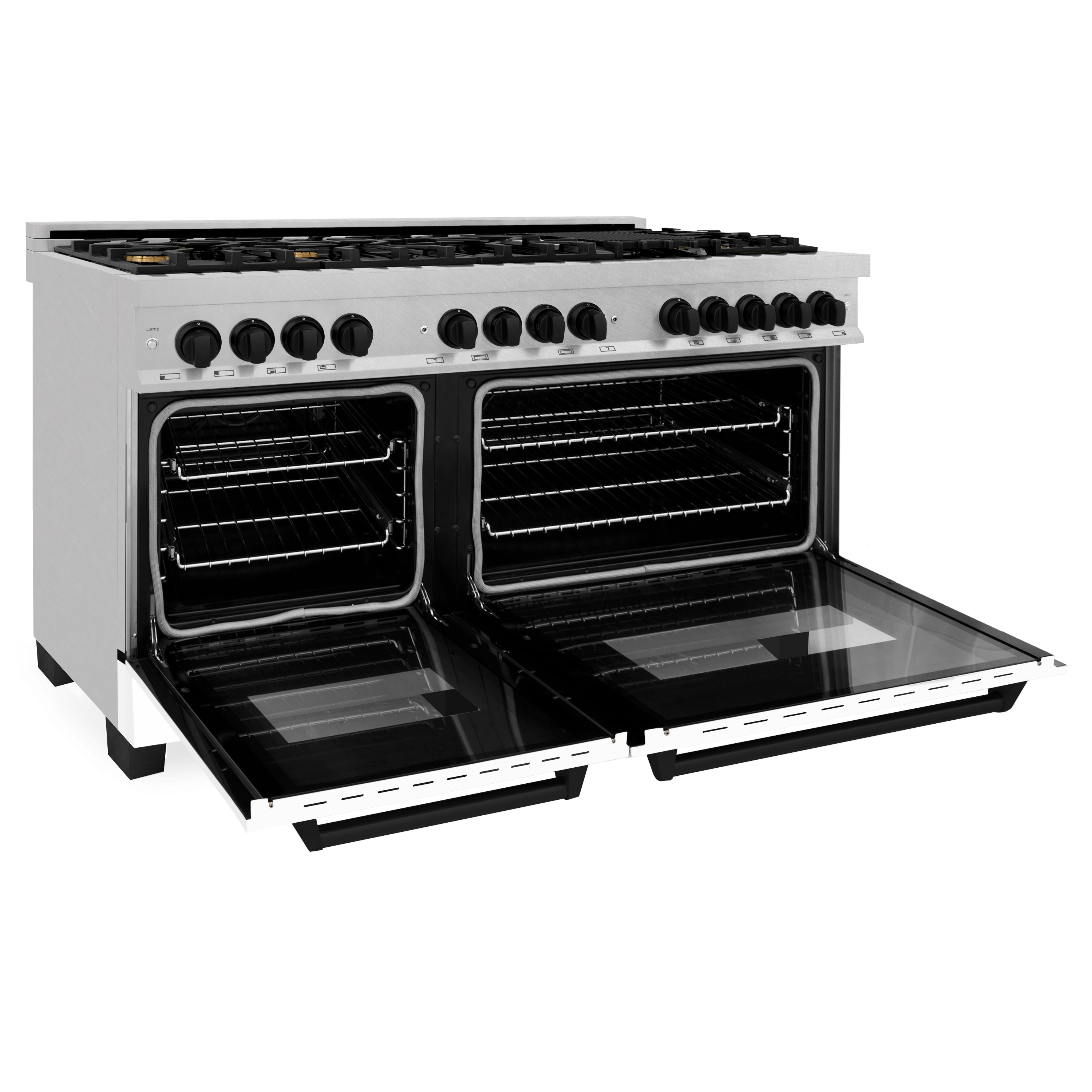 ZLINE Autograph 60 in. Legacy Dual Fuel Range with 9 Gas Burners and Double Electric Convection Ovens, 7.4 cu. ft., Satin Stainless Steel with White Matte Doors and Matte Black Accents (RASZ-WM-60-MB)