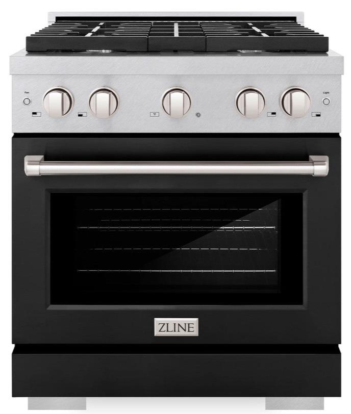 ZLINE 30" Paramount Dual Fuel Range, 4.2 cu. ft., 4 Gas Burners, Electric Convection Oven, Satin Stainless Steel with Black Matte Door (SDRS-BLM-30)