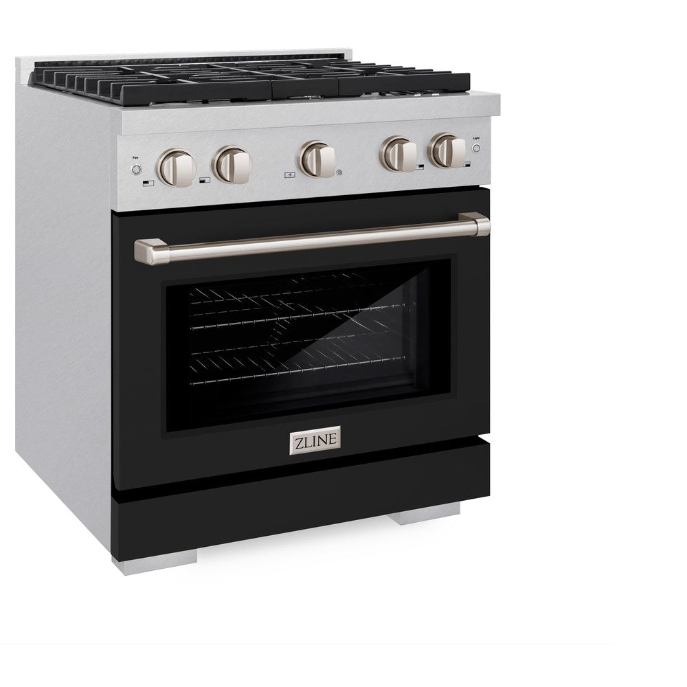 ZLINE 30" Paramount Dual Fuel Range, 4.2 cu. ft., 4 Gas Burners, Electric Convection Oven, Satin Stainless Steel with Black Matte Door (SDRS-BLM-30)