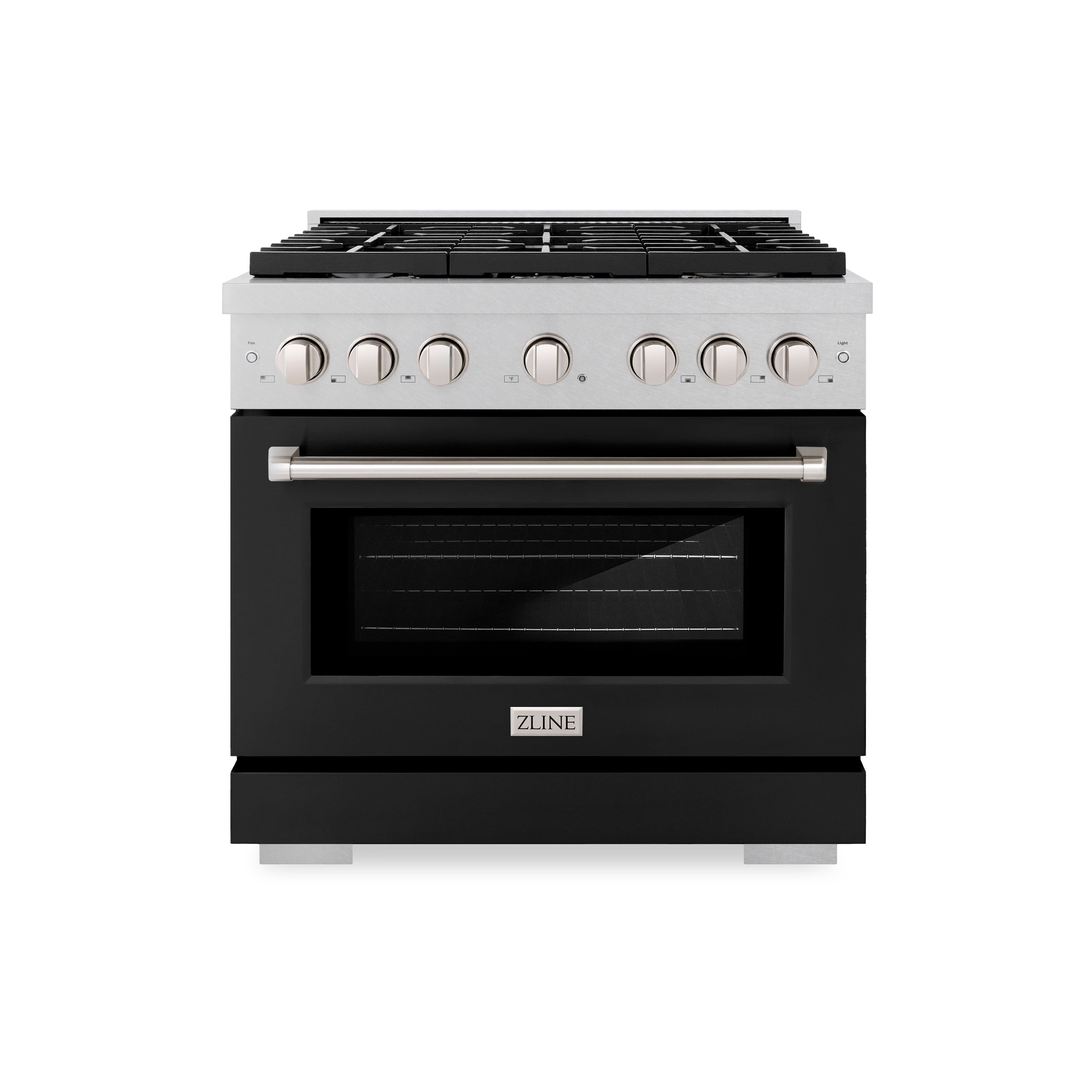 ZLINE 36 in. Paramount Dual Fuel Range, 6 Burner Gas Cooktop, Electric Convection Oven, 5.2 cu. ft., Satin Stainless Steel with Black Matte Door (SDRS-BLM-36)
