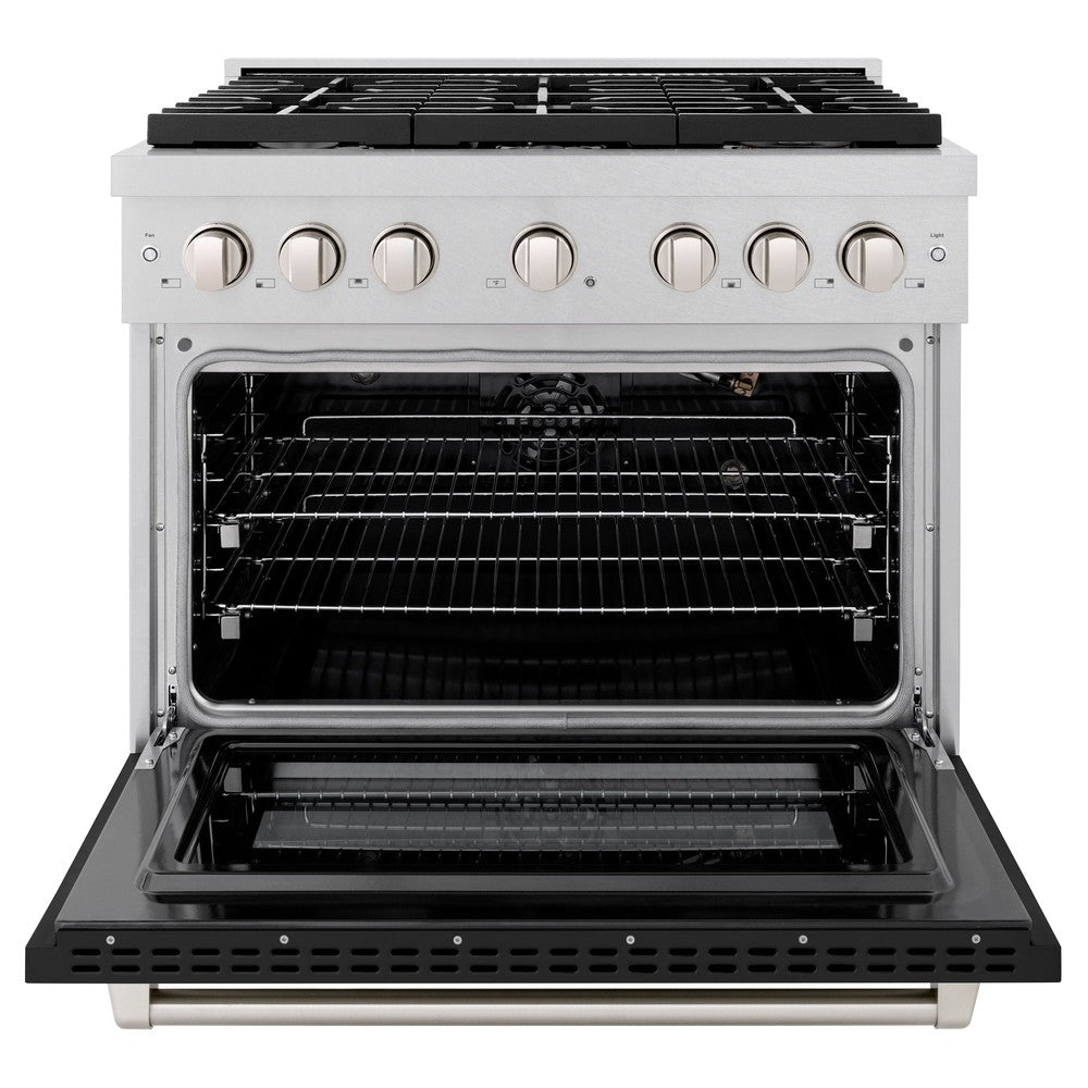 ZLINE 36 in. Paramount Dual Fuel Range, 6 Burner Gas Cooktop, Electric Convection Oven, 5.2 cu. ft., Satin Stainless Steel with Black Matte Door (SDRS-BLM-36)