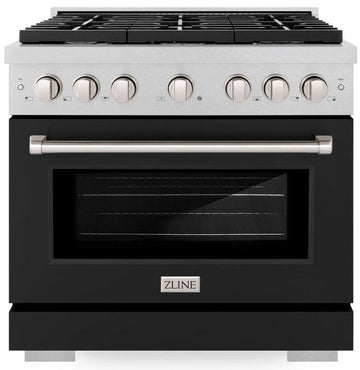 ZLINE 36 in. Paramount Dual Fuel Range, 6 Burner Gas Cooktop, Electric Convection Oven, 5.2 cu. ft., Satin Stainless Steel with Black Matte Door (SDRS-BLM-36)