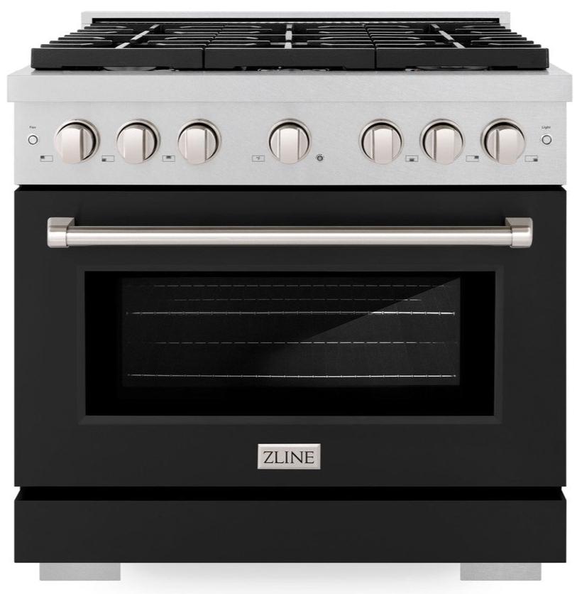 ZLINE 36 in. Paramount Dual Fuel Range, 6 Burner Gas Cooktop, Electric Convection Oven, 5.2 cu. ft., Satin Stainless Steel with Black Matte Door (SDRS-BLM-36)