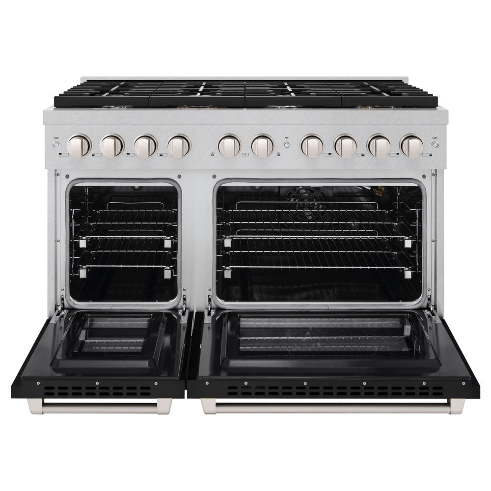 ZLINE Paramount 48 in. 6.7 cu. ft. Double Oven Dual Fuel Range with 8 Burner Gas Cooktop in Satin Stainless Steel with Black Matte Doors (SDRS-BLM-48)