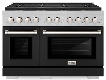 ZLINE Paramount 48 in. 6.7 cu. ft. Double Oven Dual Fuel Range with 8 Burner Gas Cooktop in Satin Stainless Steel with Black Matte Doors (SDRS-BLM-48)