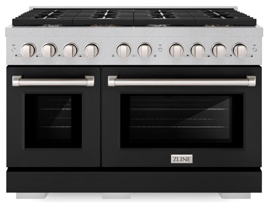 ZLINE Paramount 48 in. 6.7 cu. ft. Double Oven Dual Fuel Range with 8 Burner Gas Cooktop in Satin Stainless Steel with Black Matte Doors (SDRS-BLM-48)