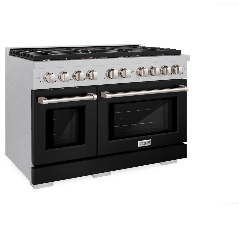 ZLINE Paramount 48 in. 6.7 cu. ft. Double Oven Dual Fuel Range with 8 Burner Gas Cooktop in Satin Stainless Steel with Black Matte Doors (SDRS-BLM-48)