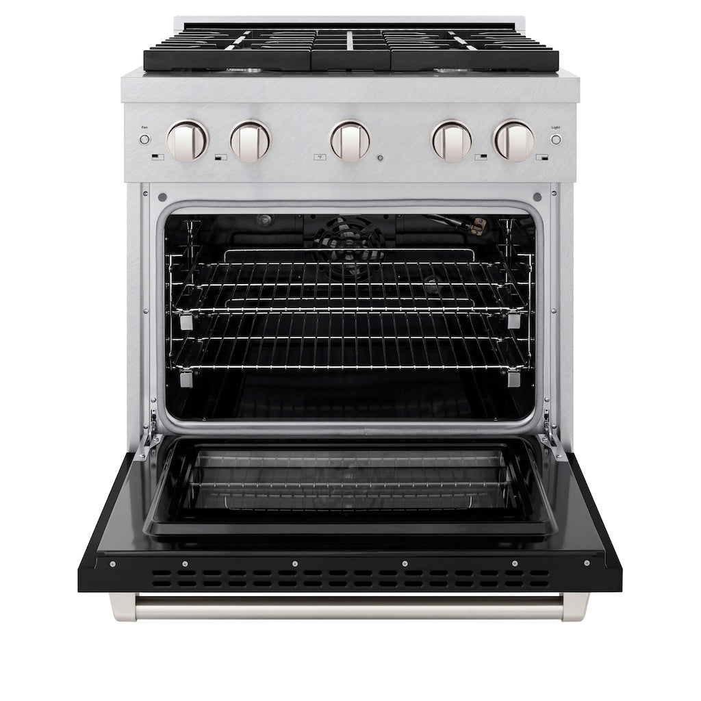 ZLINE 30 in. 4.2 cu. ft. Paramount Gas Range with 4 Burners, Convection Gas Oven, Satin Stainless Steel with Black Matte Door (SGRS-BLM-30)