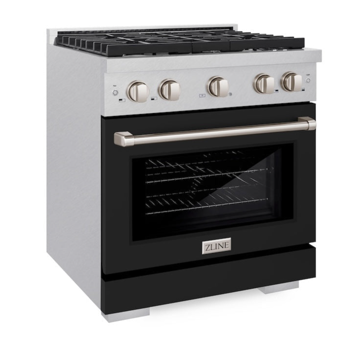 ZLINE 30 in. 4.2 cu. ft. Paramount Gas Range with 4 Burners, Convection Gas Oven, Satin Stainless Steel with Black Matte Door (SGRS-BLM-30)