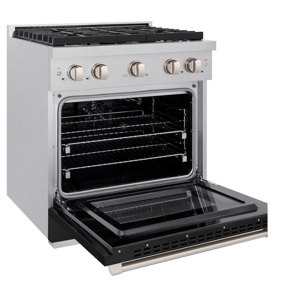 ZLINE 30 in. 4.2 cu. ft. Paramount Gas Range with 4 Burners, Convection Gas Oven, Satin Stainless Steel with Black Matte Door (SGRS-BLM-30)